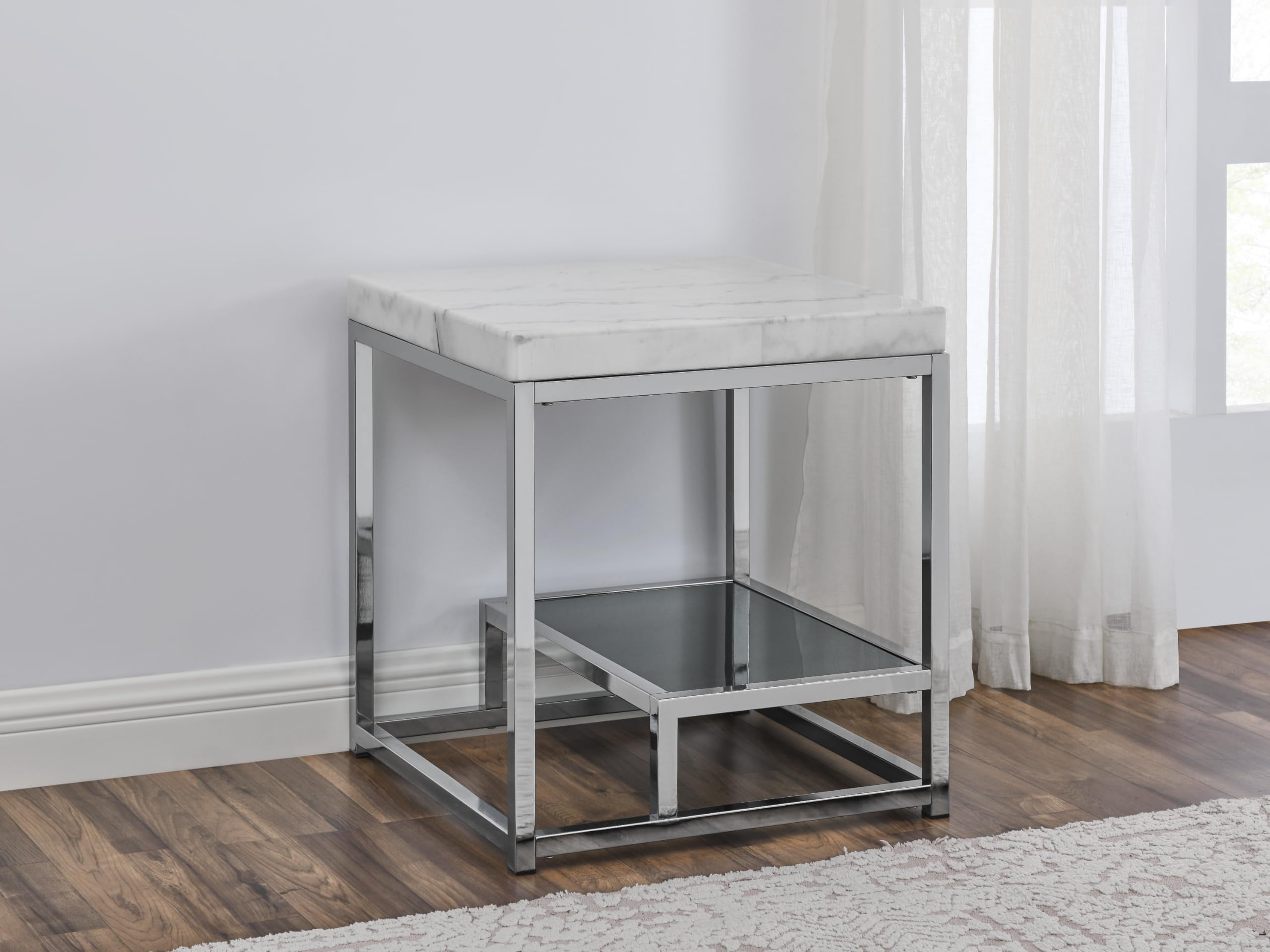 Steve Silver Company Aston End Table, Modern/Contemporary/Eclectic, White Marble Veneers, Tempered Black Glass, Side Table/Night Stand, 22" D x 22" W x 24" H, White