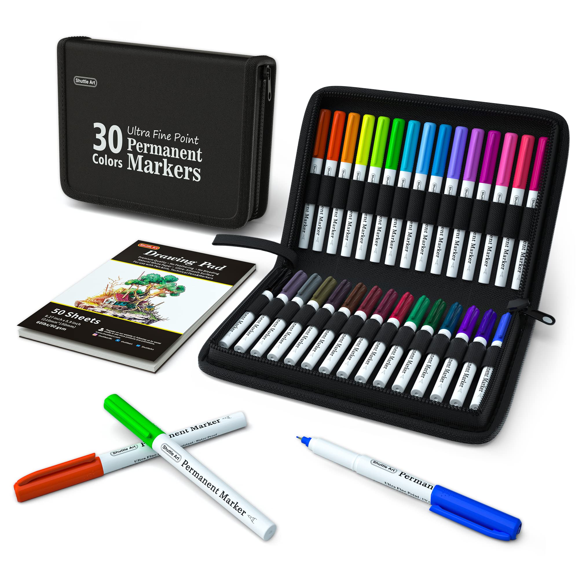 Shuttle Art Permanent Markers, 30 Assorted Colors Ultra Fine Point Permanent Marker Packed In Travel Case, Ideal Colored Markers