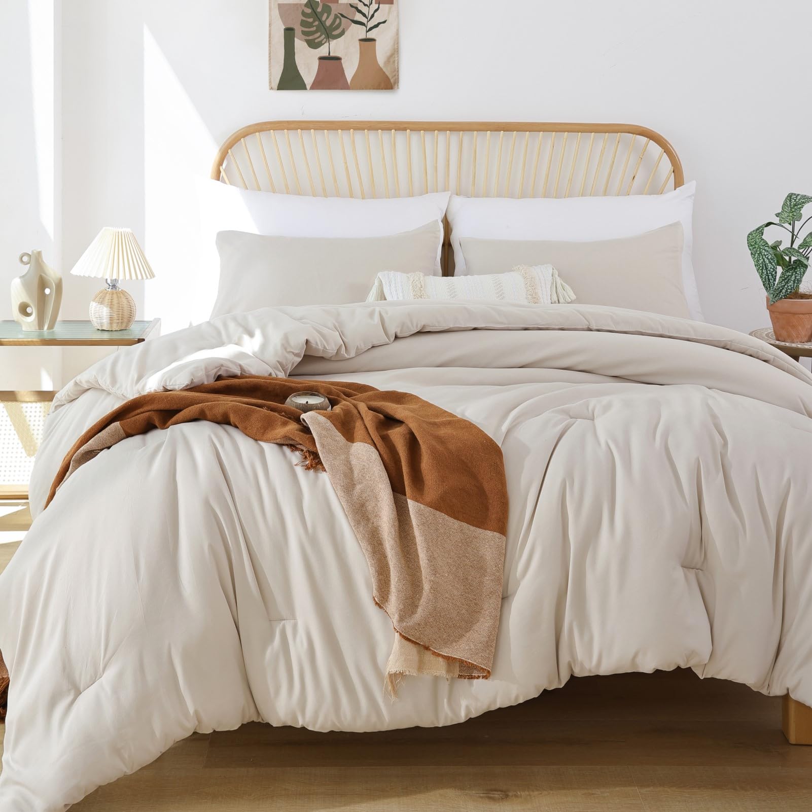 Rosgonia Oversized King Comforter 128X120, 3Pcs Super King Plus (1 Beige Comforter & 2 Pillowcases) Lightweight Oversized King B