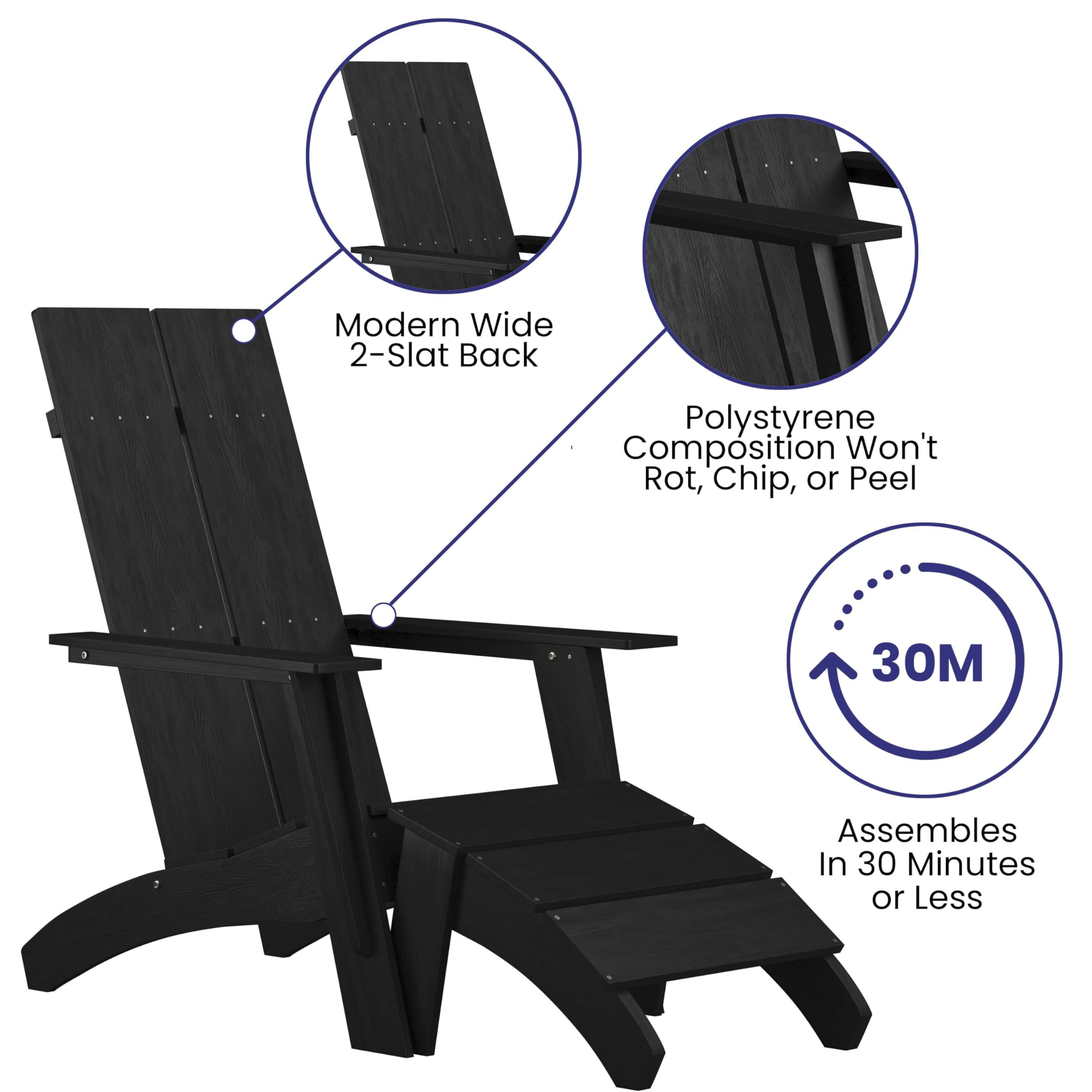 Flash Furniture Sawyer Commercial Adirondack Style Patio Set - Black Poly Resin - Weather Resistant