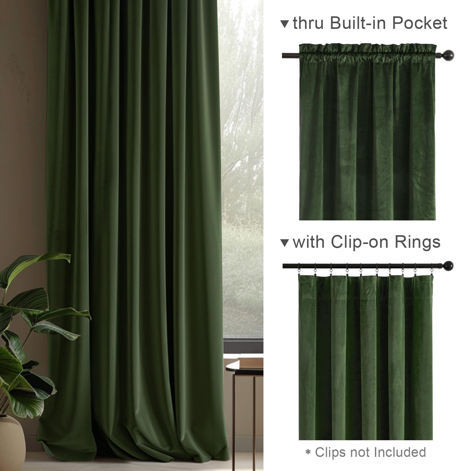 Lazzzy Green Velvet Curtain Thermal Insulated Curtains 120 Inch Long Drapes For Bedroom Living Room Darkening Window Treatments Rod Pocket, Set Of 2, Moss Green