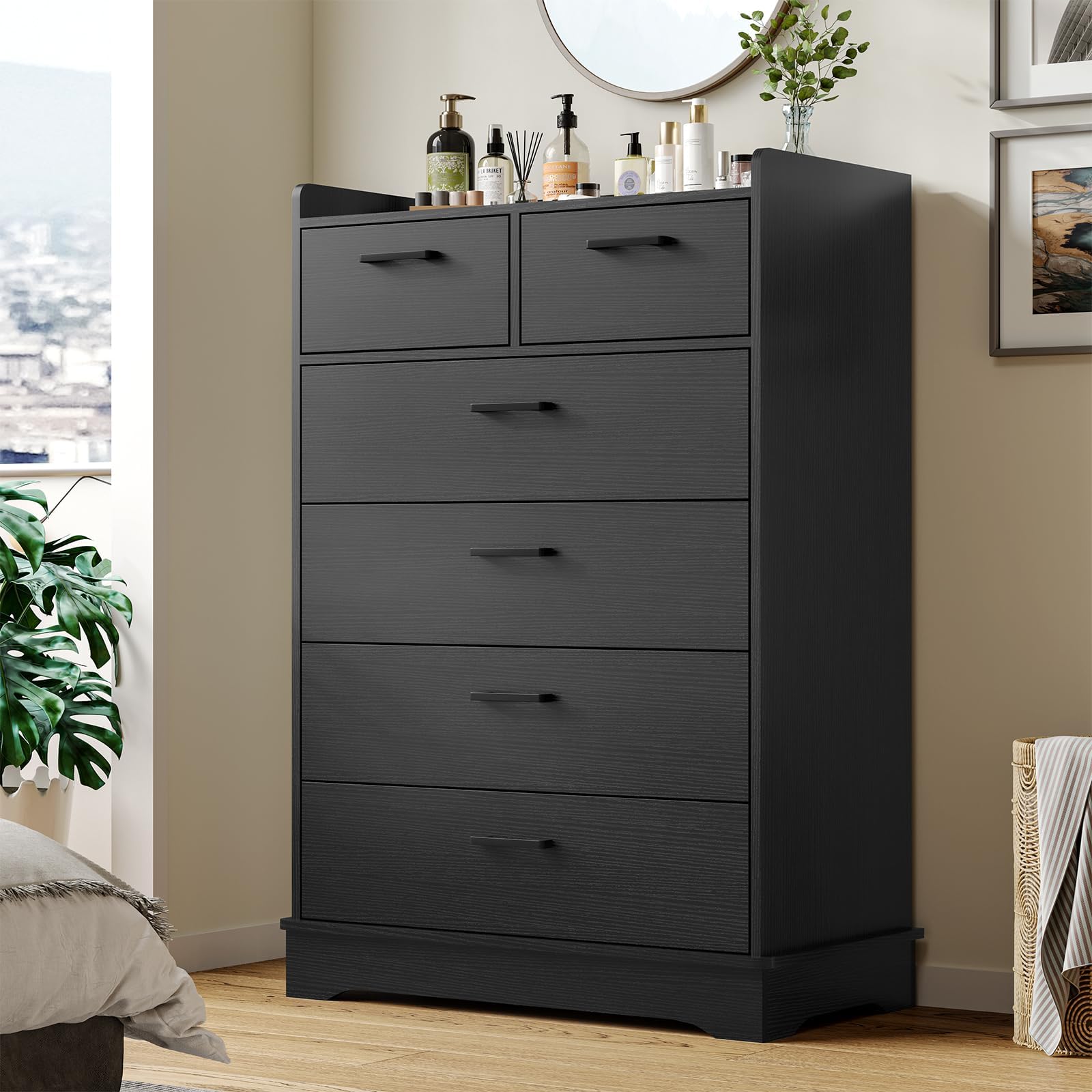 Hasuit Black 6 Drawer Dresser, Wooden Storage Chest Of 6 Drawers, Vertical Large Capacity Clothing Storage Organizer, Tall Dressers For Bedroom, Hallway, Entryway