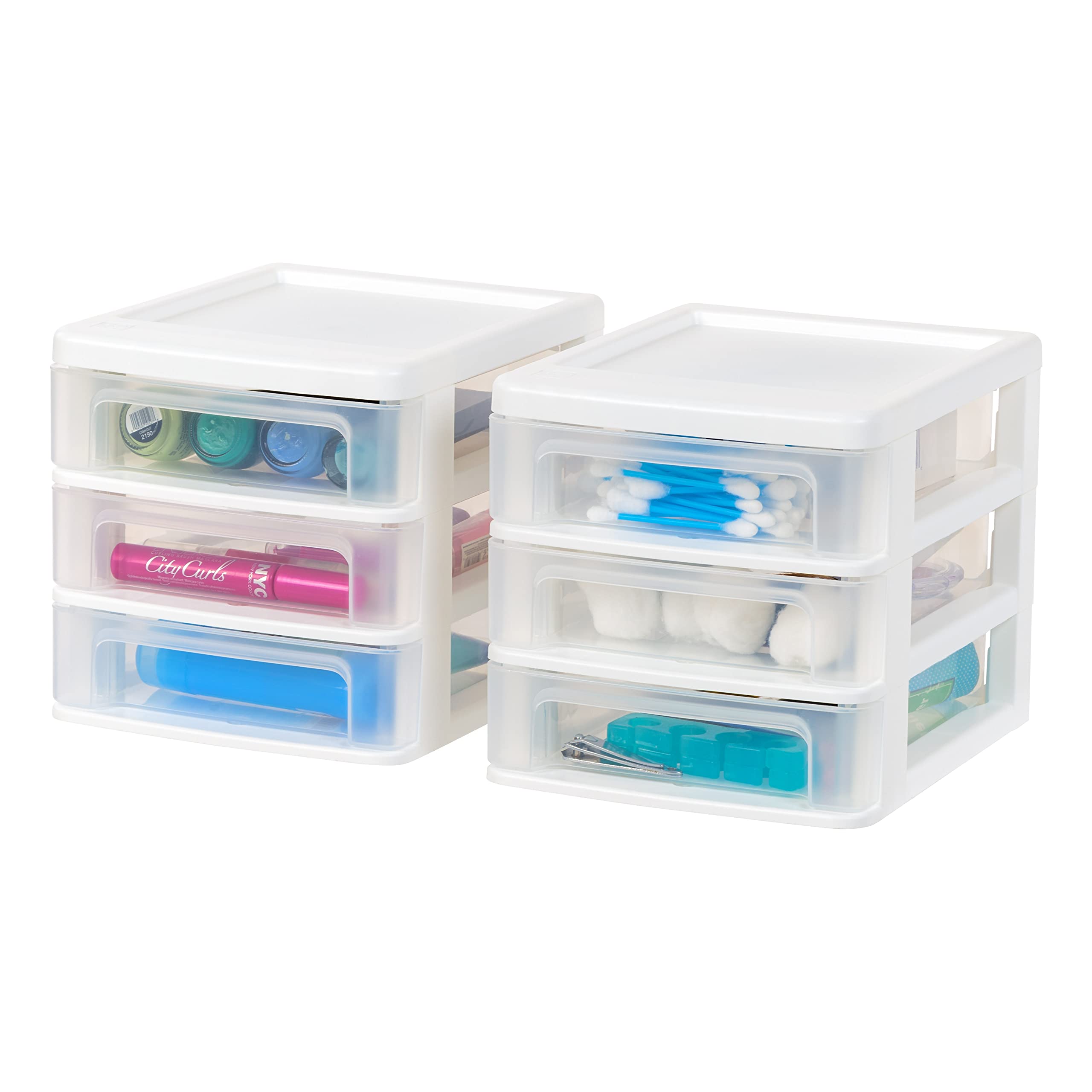 Iris Usa Plastic Stacking Desk Top 3-Drawer Storage Organizer, 2-Pack, For Makep Vanity Nail Polish Bathroom Stationery Art Craf