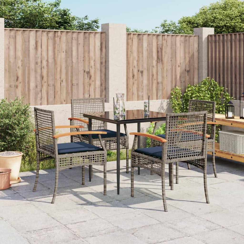 vidaXL - Patio Dining Set with Cushions - 5 Piece - Gray Poly Rattan - Tempered Glass Tabletop - Outdoor Furniture for Garden/Backyard/Patio - Modern Style