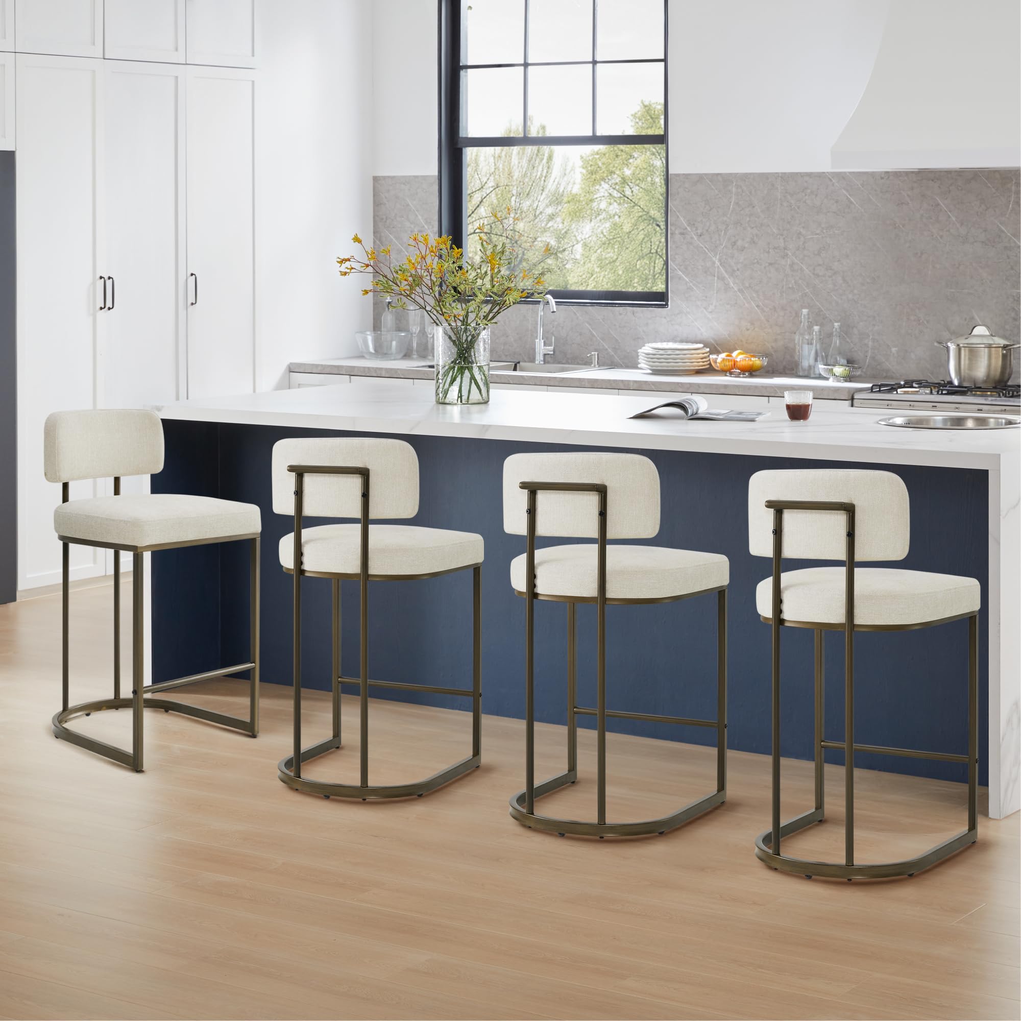 26 H Counter Height Bar Stools Set of 4, Modern Linen Fabric Upholstered Barstools with Backrest for Kitchen Island, Gold Metal 