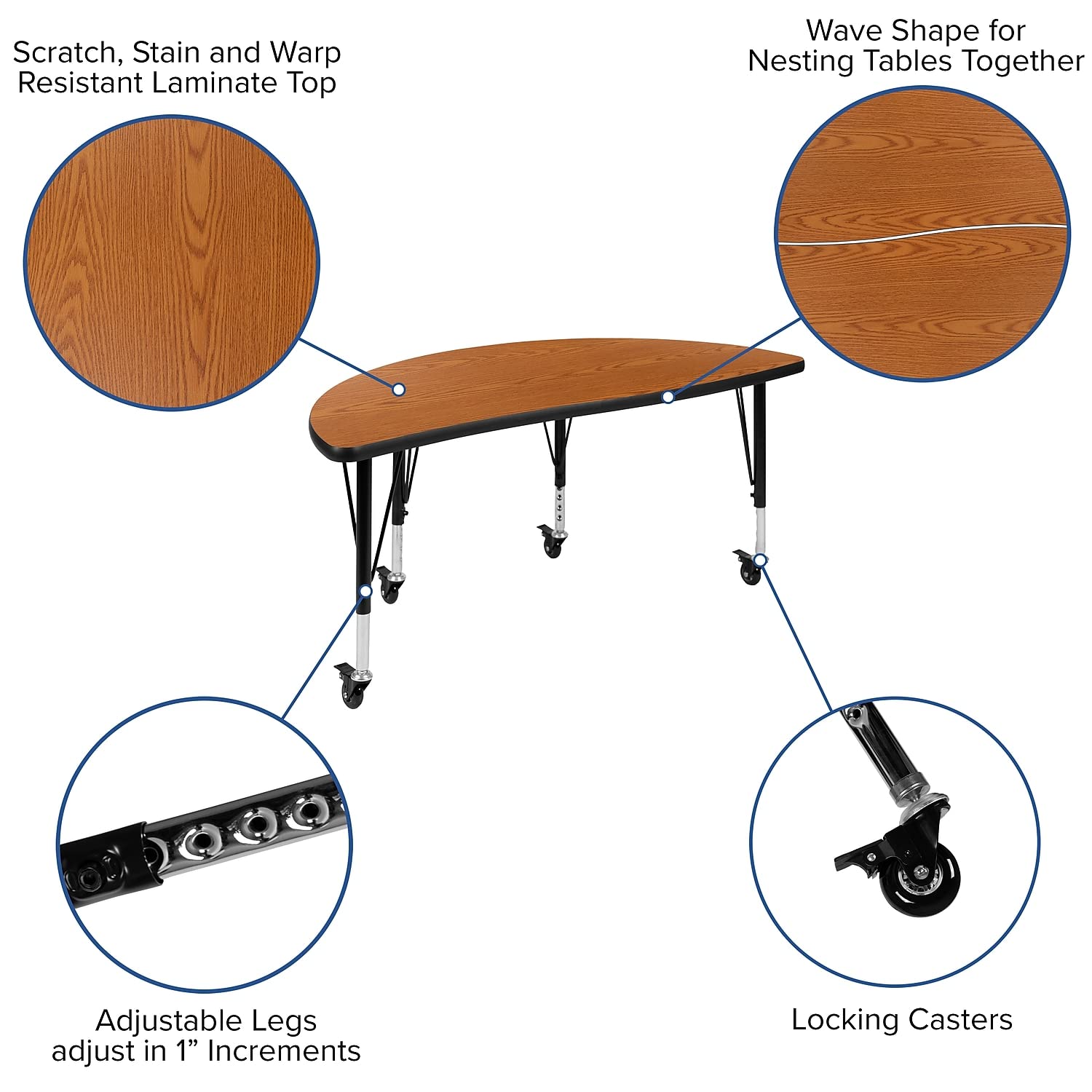Flash Furniture Mobile 76" Oval Wave Collaborative Laminate Activity Table Set With 14" Student Stack Chairs, Oak/Black