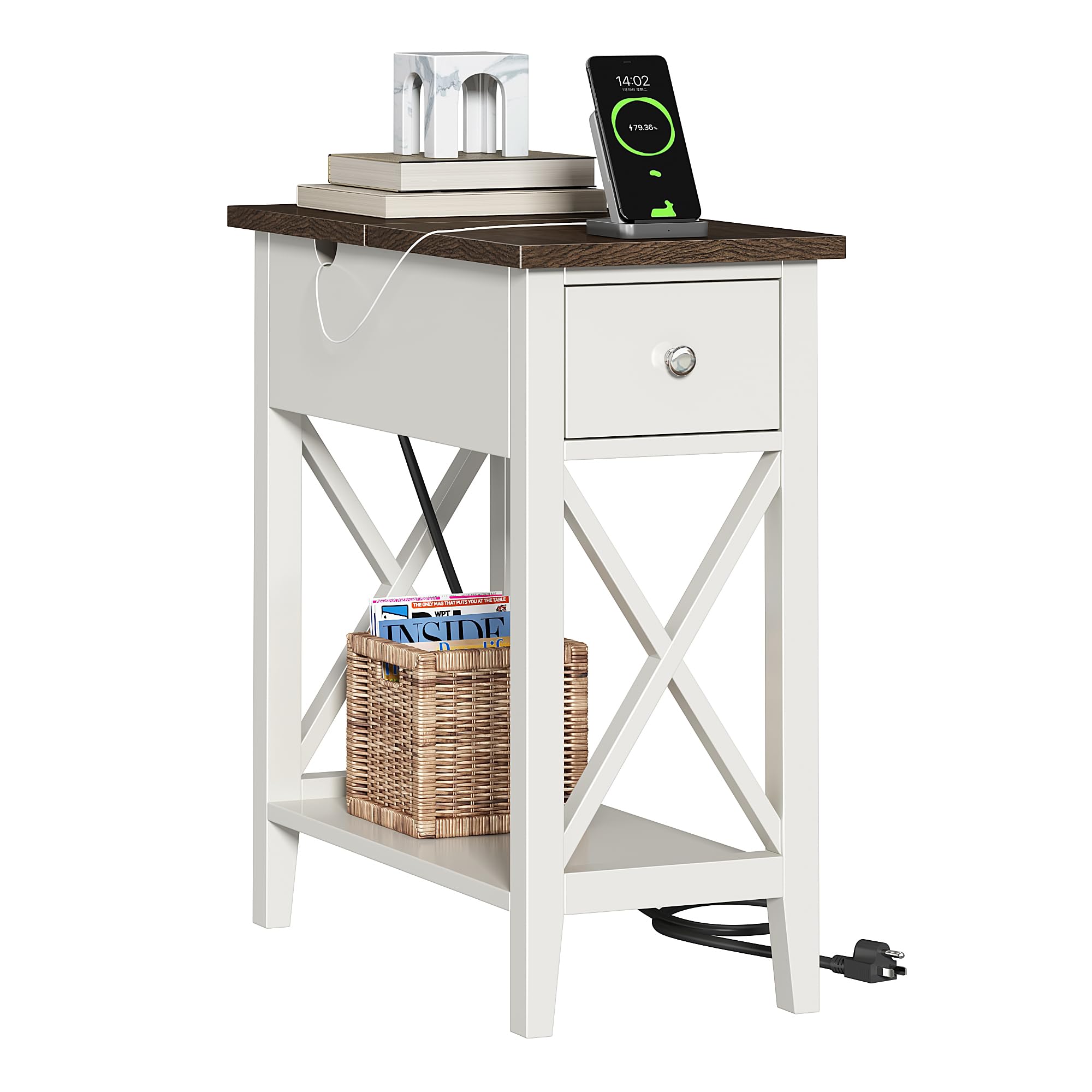 Choochoo Farmhouse End Table With Charging Station, Accent Small Side Table Nightstand For Living Room, Bedroom, And Small Spaces - Soft White