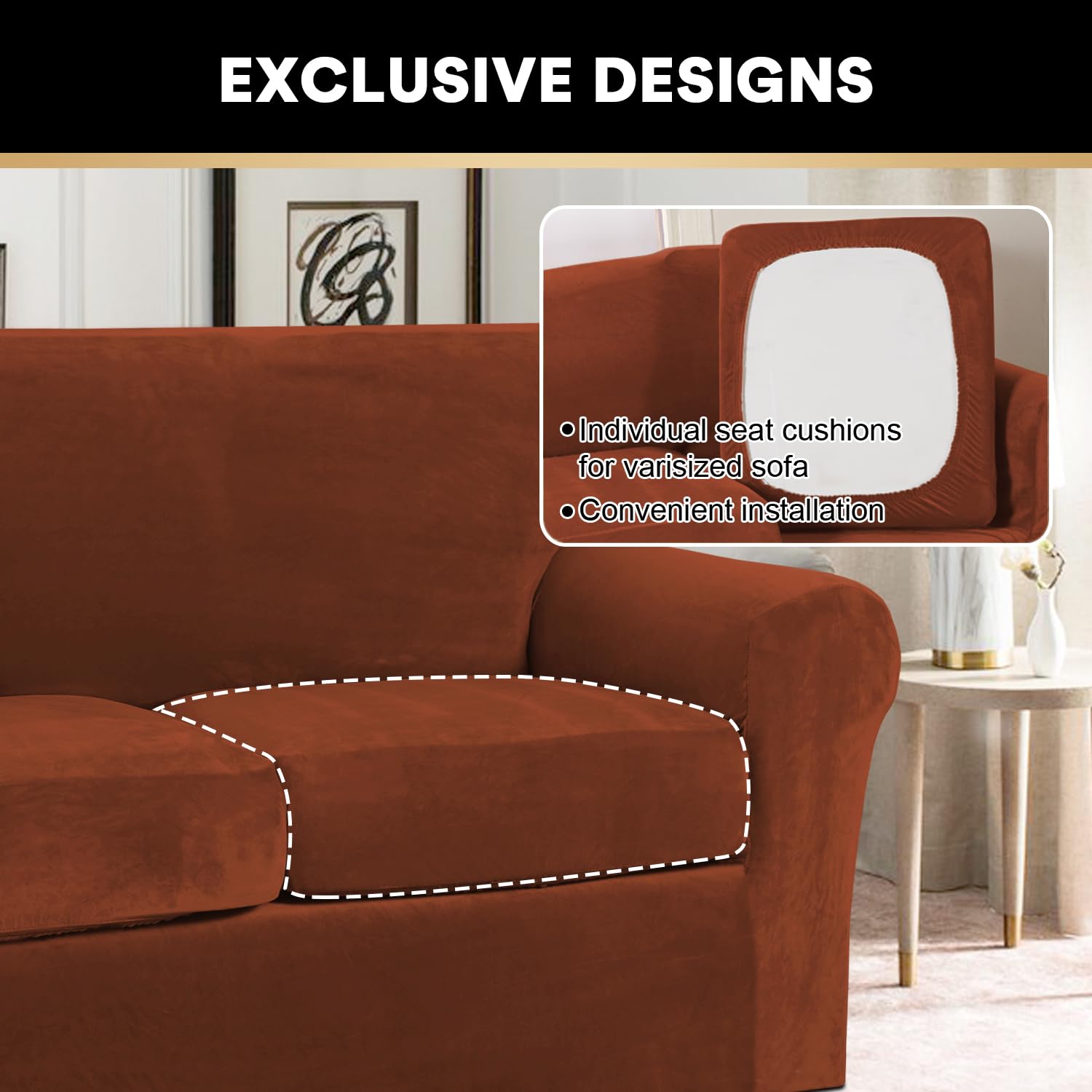 Princedeco 3 Pieces Couch Covers Soft Velvet Couch Covers For 2 Cushion Sofa Loveseat Covers Width Up To 72 Inch Anti Slip Love Seat Furniture Protector, Machine Washable (Medium, Rust)