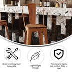 Flash Furniture Carly Commercial Grade 30" High Orange Metal Indoor-Outdoor Bar Height Stool with Back and Teak Polystyrene Seat