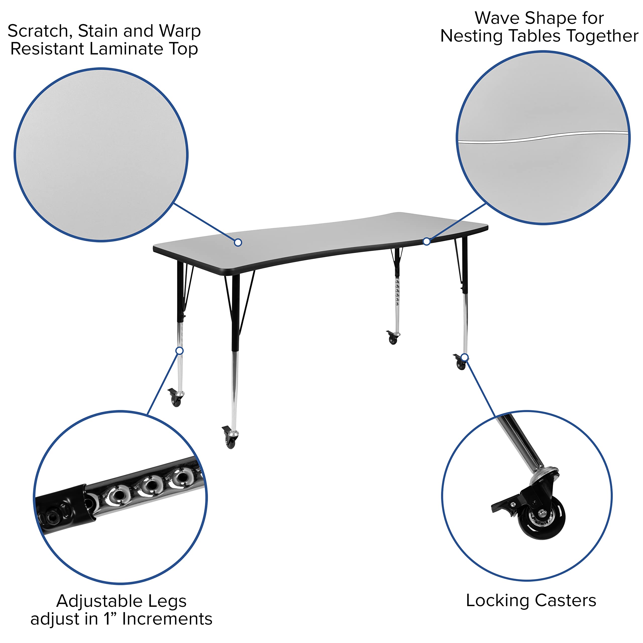 Flash Furniture Emmy 3 Piece Mobile 86" Oval Wave Flexible Grey Thermal Laminate Activity Table Set-Standard Height Adjustable Legs
