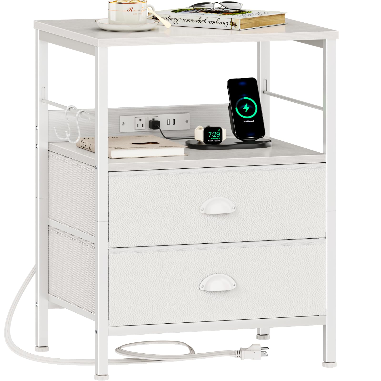 Furologee Night Stand with Charging Station, Bedside Table with Fabric Drawers, End Table with USB Ports & Outlets, White Nights