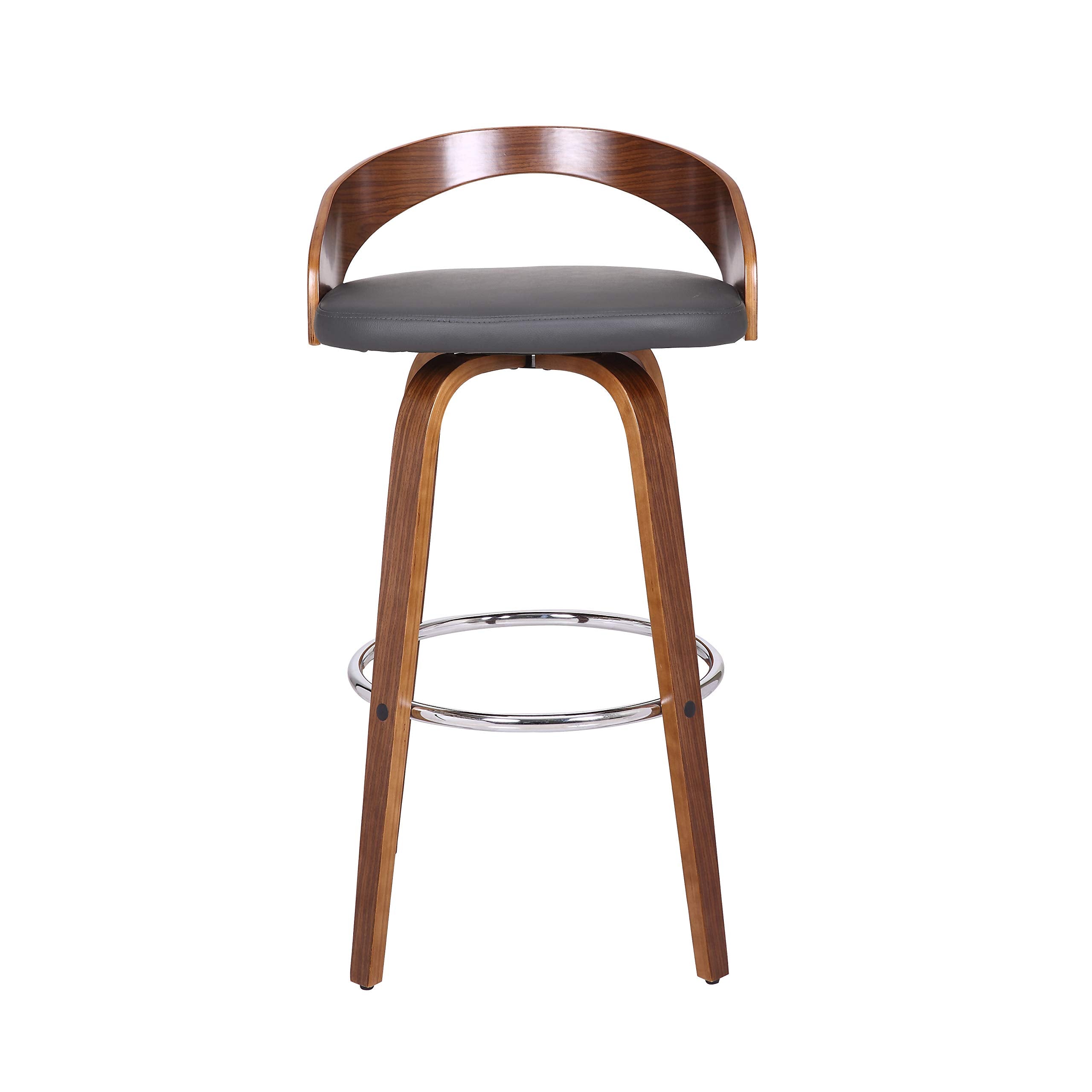 Armen Living Sonia Mid Century Modern Swivel Bar Stool For Kitchen Island Counter In Gray Faux Leather And Walnut Wood, 30' Seat Height