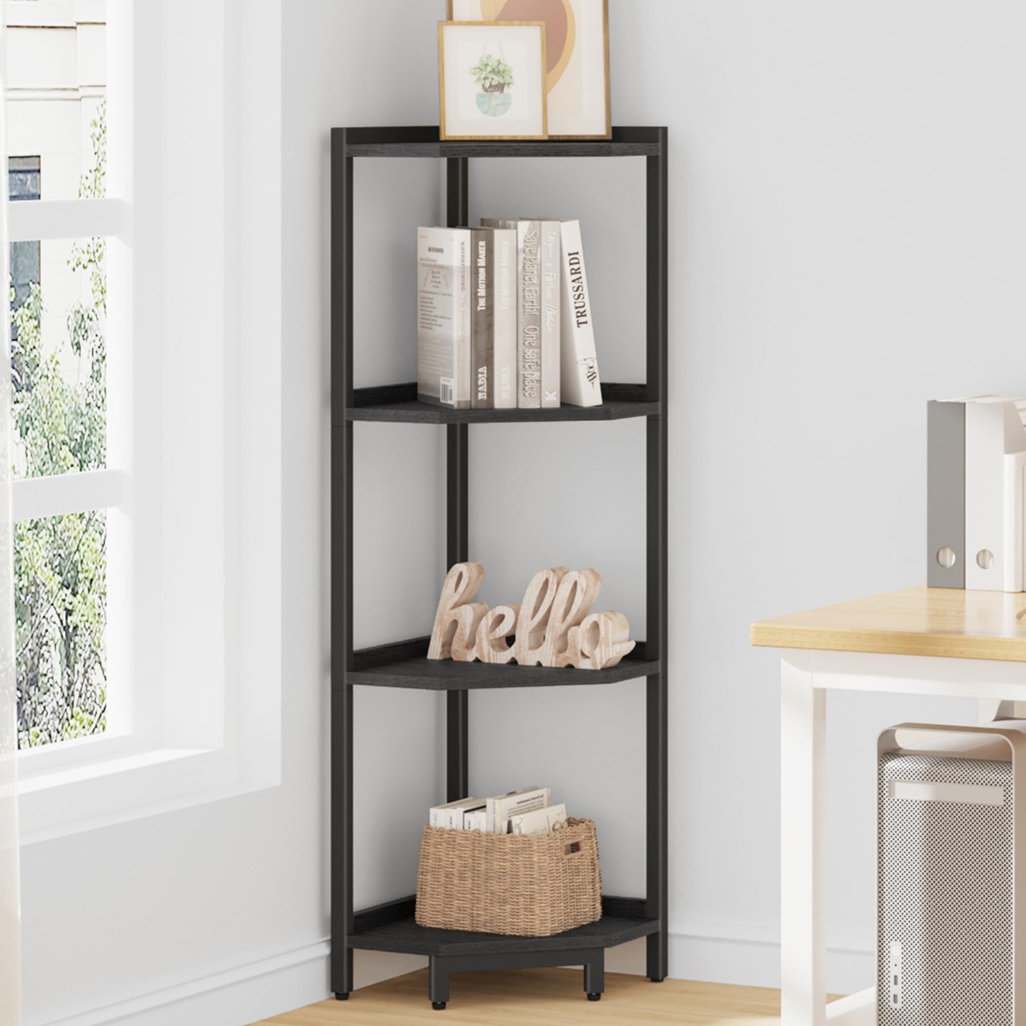 Hzuaneri Corner Shelf Stand, Corner Bookshelf, Storage Standing Shelf Unit With Metal Frame, Plant Stand, Corner Bookcase For Living Room, Home Office, Bedroom, 4-Tier Black Cs05806B