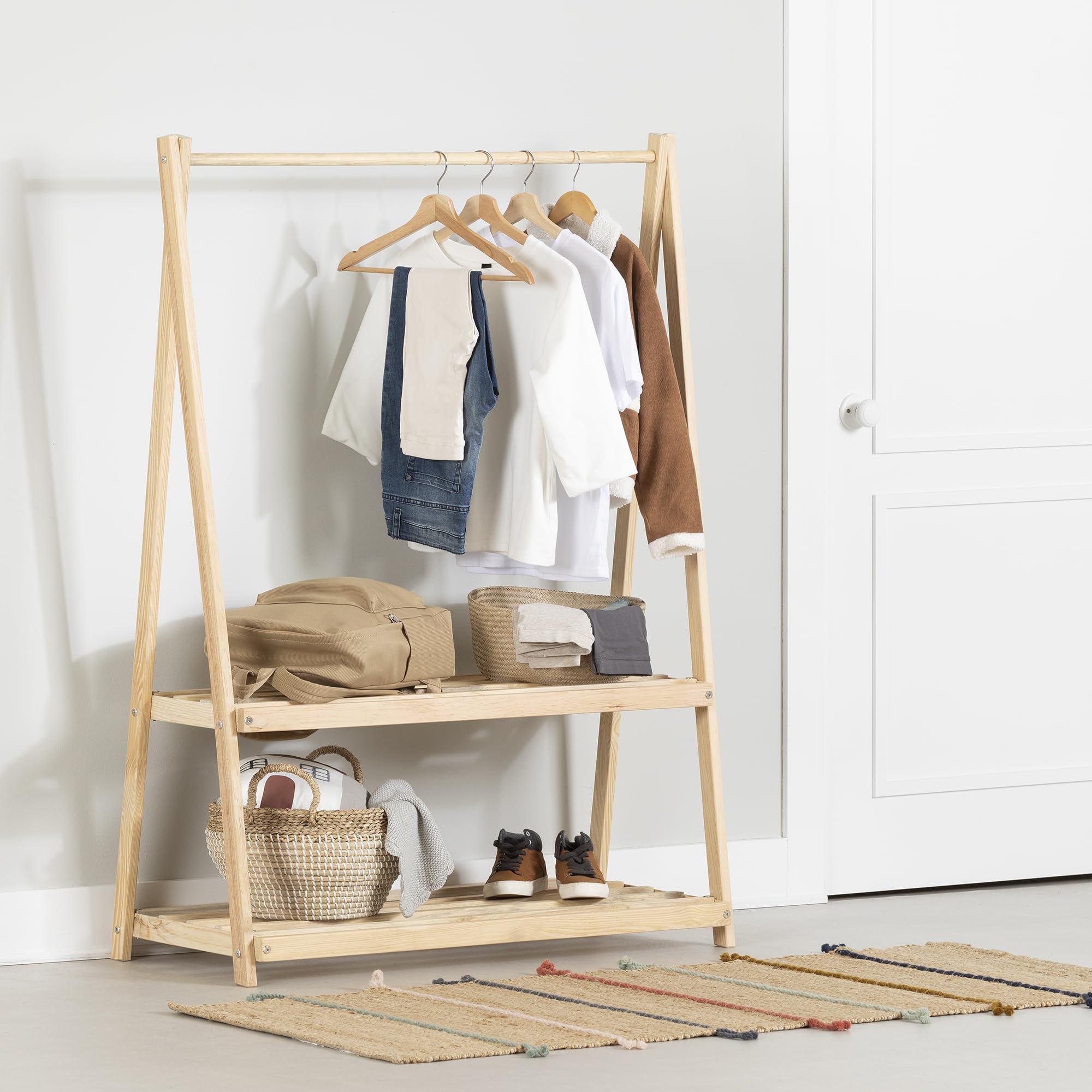 South Shore Sweedi Wooden Clothes Rack with Storage Shelves for Kids, Natural