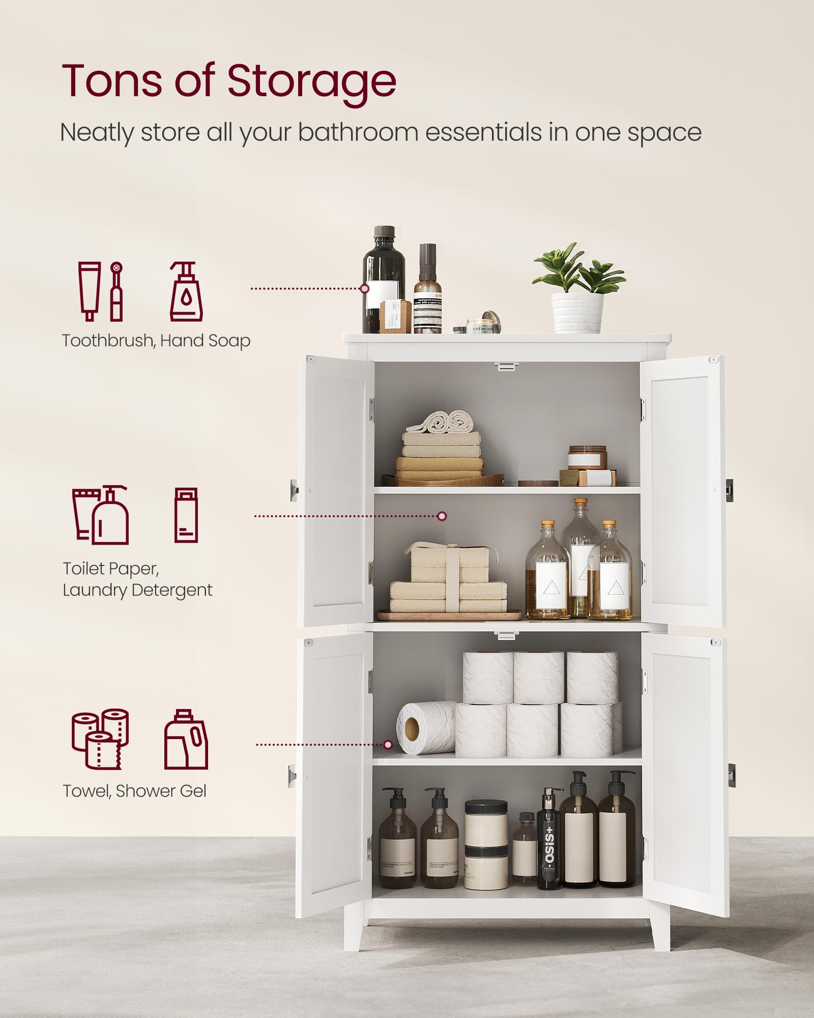 Vasagle Bathroom Floor Storage Cabinet, Bathroom Storage Unit, Freestanding Cabinet With 4 Doors, Adjustable Shelves, 11.8 X 23.6 X 43.3 Inches, White Ubbc552P31
