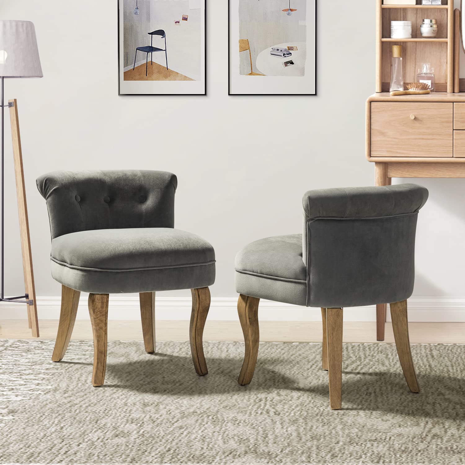Hulala Home Velvet Vanity Chairs With Low Back, Modern Small Vanity Stool With Solid Wood Legs, Upholstered Tufted Makeup Chair