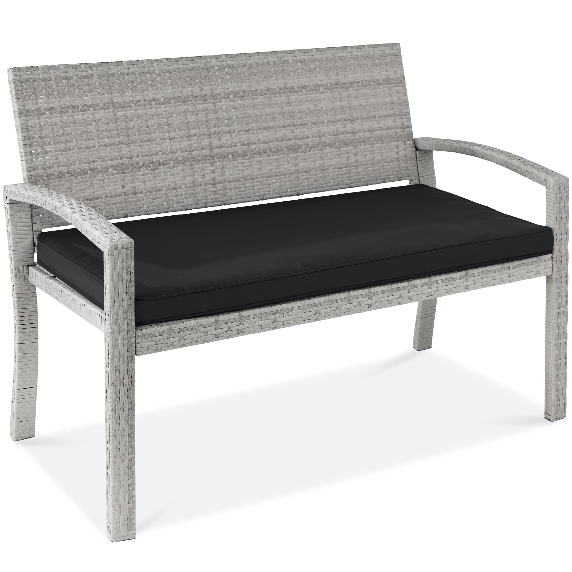 Best Choice Products Outdoor Bench 2-Person Wicker Garden Patio Benches Seating Furniture For Backyard, Porch W/Seat Cushion, 700Lb Capacity - Gray/Black