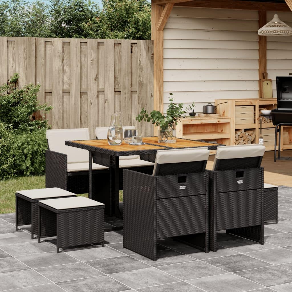 vidaXL 9 Piece Patio Dining Set with Cushions - Black Poly Rattan and Acacia for Garden, Backyard, Patio