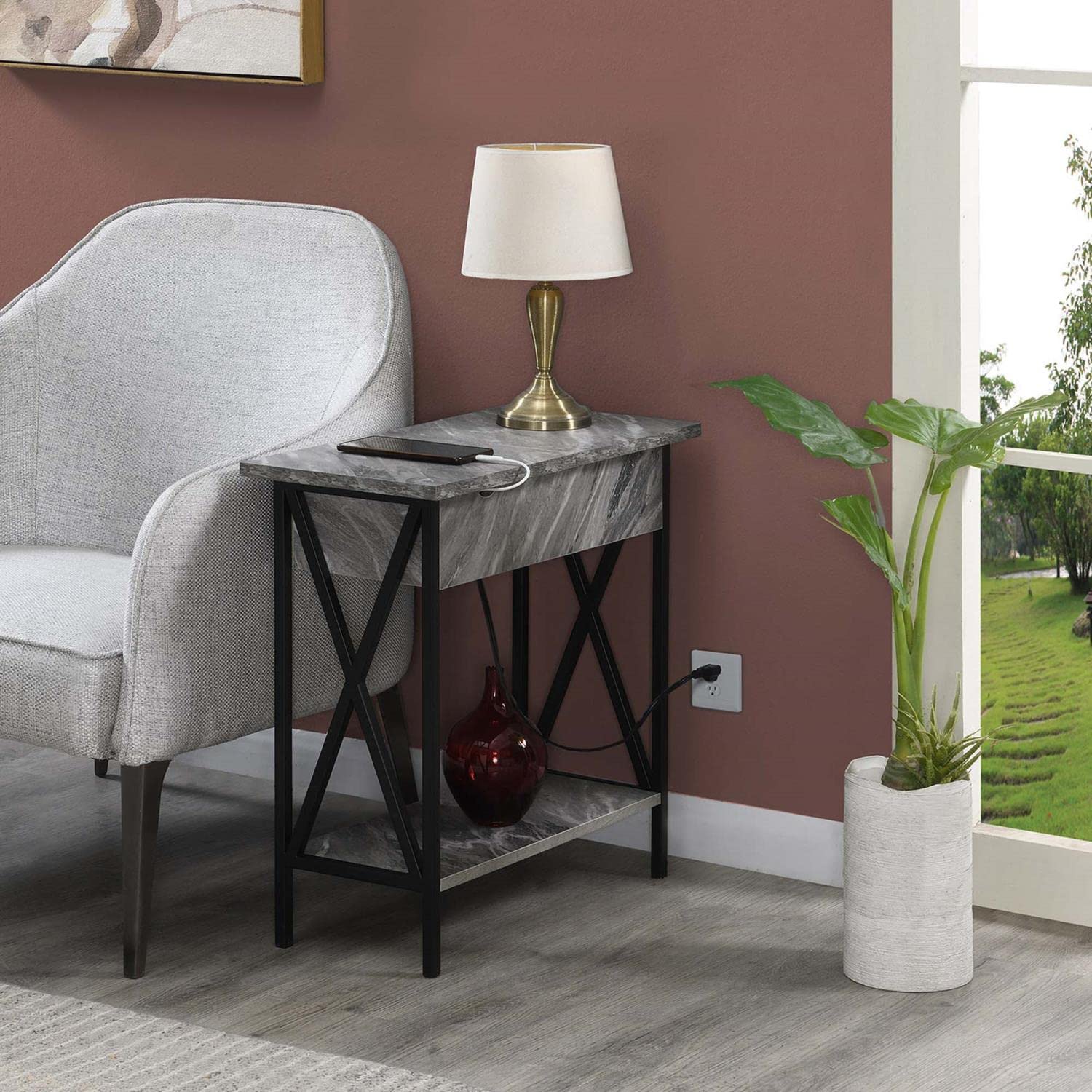 Convenience Concepts Tucson Flip Top End Table with Charging Station and Shelf, 23.75"L x 11.25"W x 24"H, Gray Marble/Black