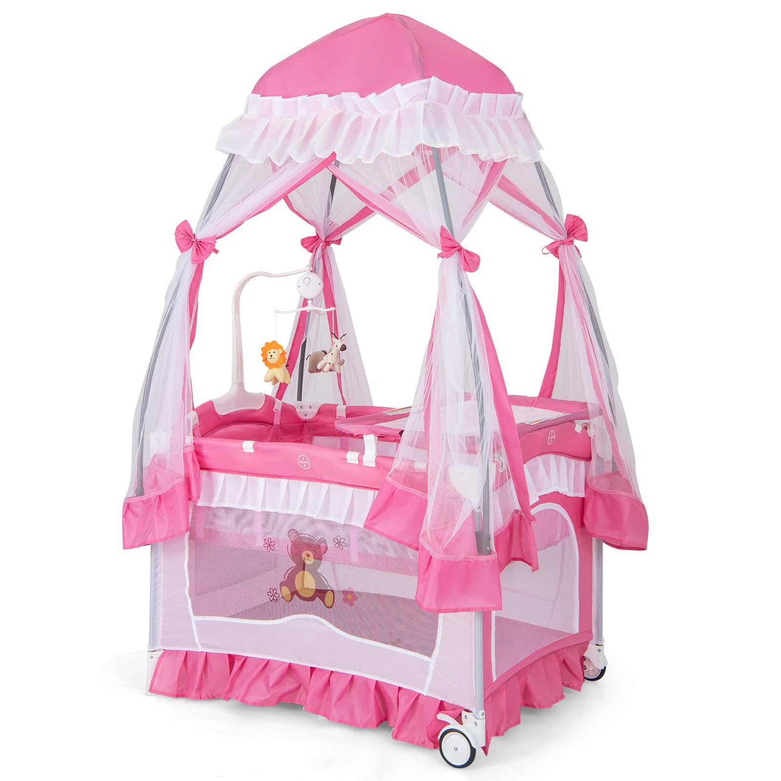 HONEY JOY 4-in-1 Pack and Play with Canopy, Portable Baby Playard w/Changing Table and Infant Bassinet, Cute Toys & Music, Folda