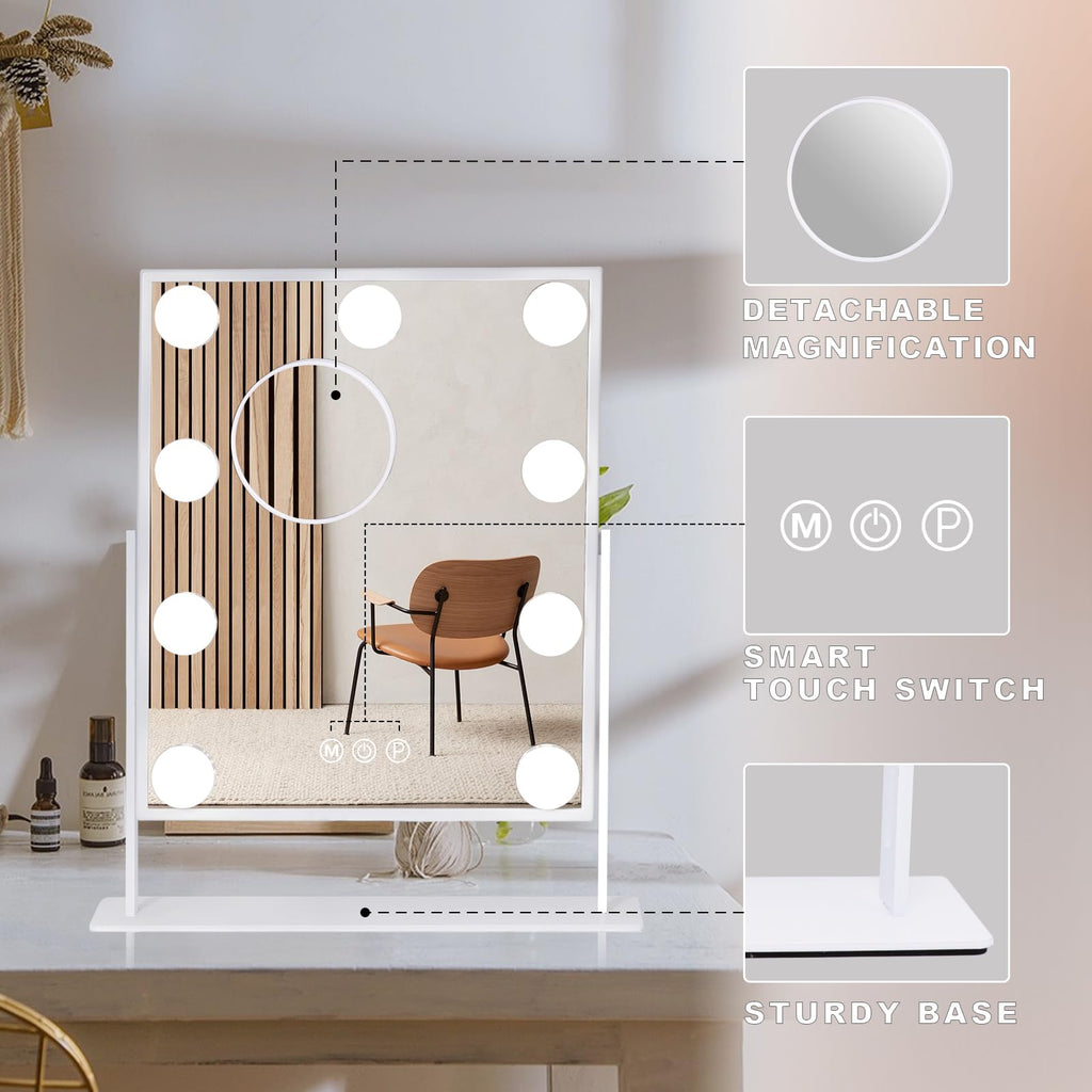 Leishe Vanity Mirror With Lights Hollywood Lighted Makeup Mirror With 9 Dimmable Bulbs & 3 Color Lighting Modes, Detachable 10X