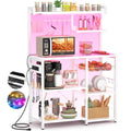 Aheaplus Bakers Rack With Power Outlet And Led Light Strings, Microwave Oven Stand Kitchen Storage Shelf With Wire Basket, Coffe