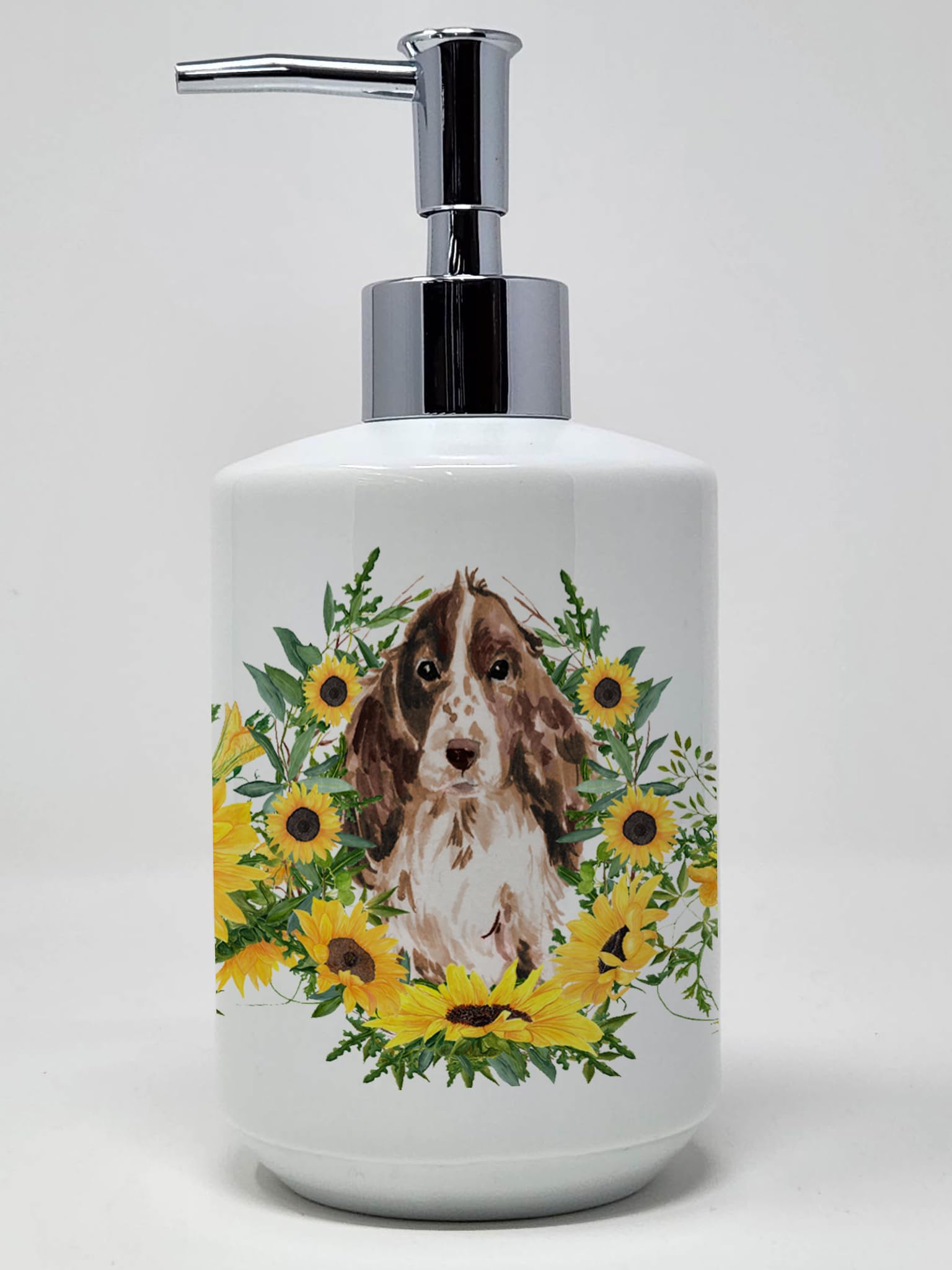 Caroline's Treasures CK2947SOAP Brown Parti Cocker Spaniel in Sunflowers Ceramic Soap Dispenser Hand Soap Dispenser Pump Bottles