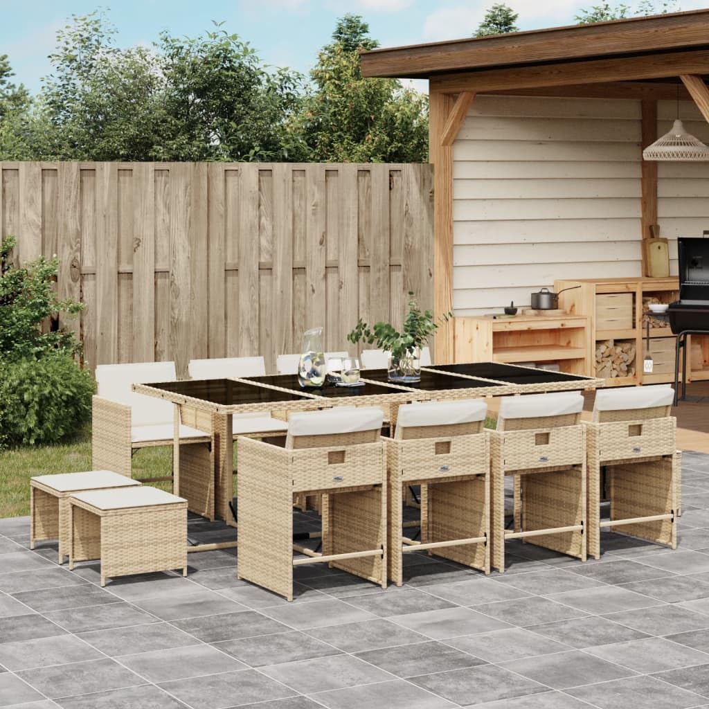 vidaXL Patio Dining Set with Cushions, 13-Piece Beige Poly Rattan Furniture, Outdoor Garden Table, 8 Folding Chairs, 4 Stools, Removable Cushion Covers
