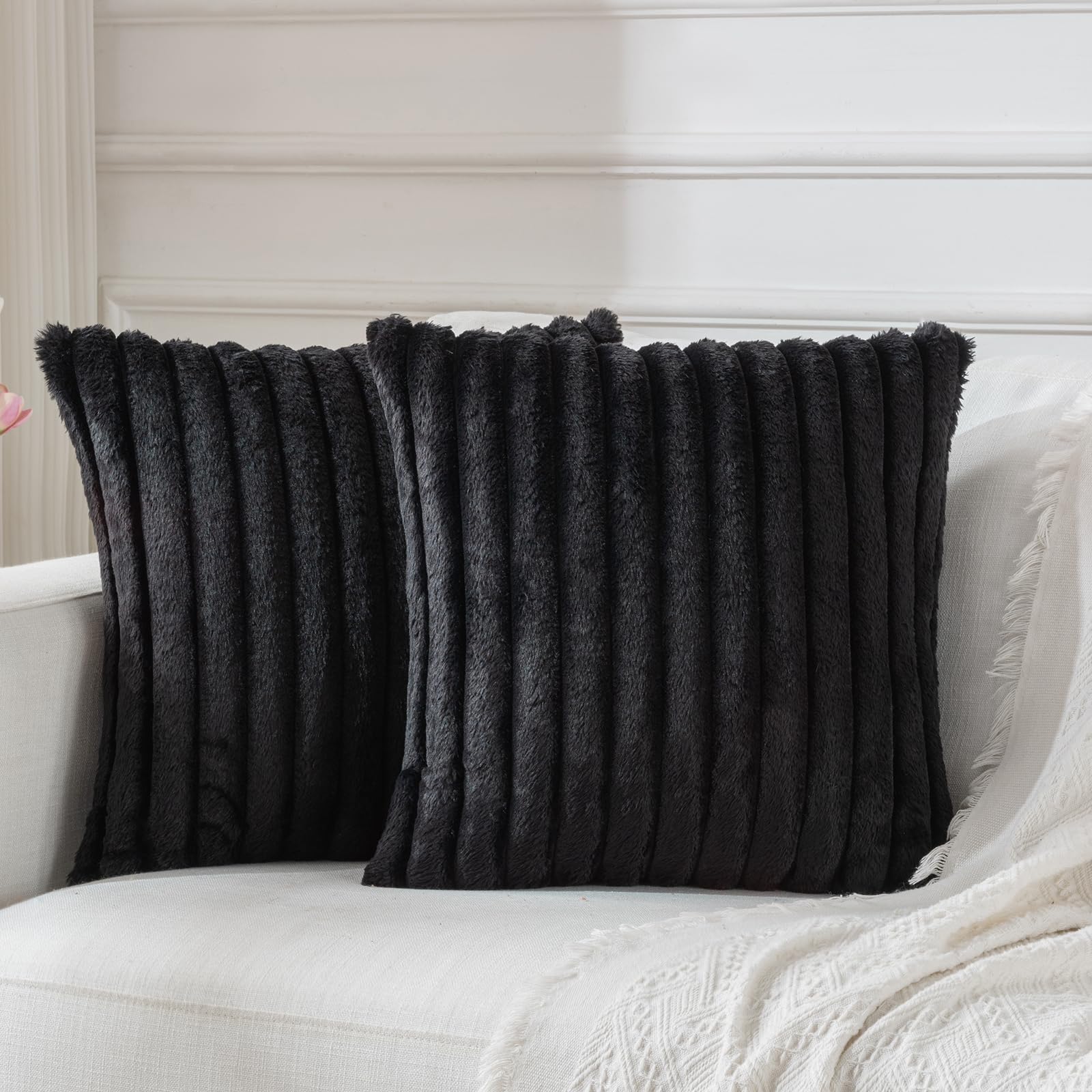 BBiggood Black Throw Pillow Covers 18x18 Set of 2, Velvet Striped Decor Cushion Covers with Back Faux Rabbit Fur Pillow Covers, 
