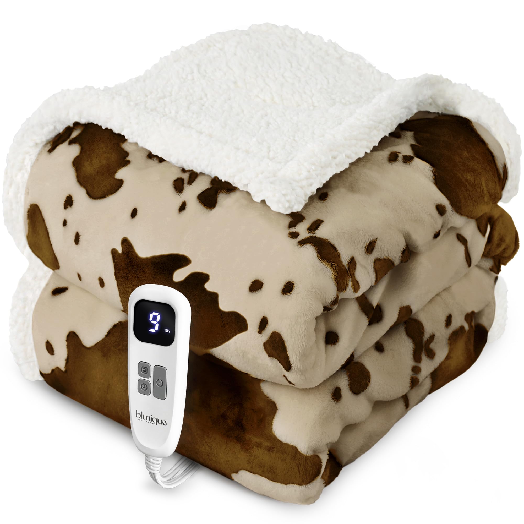 blunique Cow Print Heated Throw Blanket - 50 x 60 Inches, Fleece Sherpa, Apricot, 10 Heat Levels