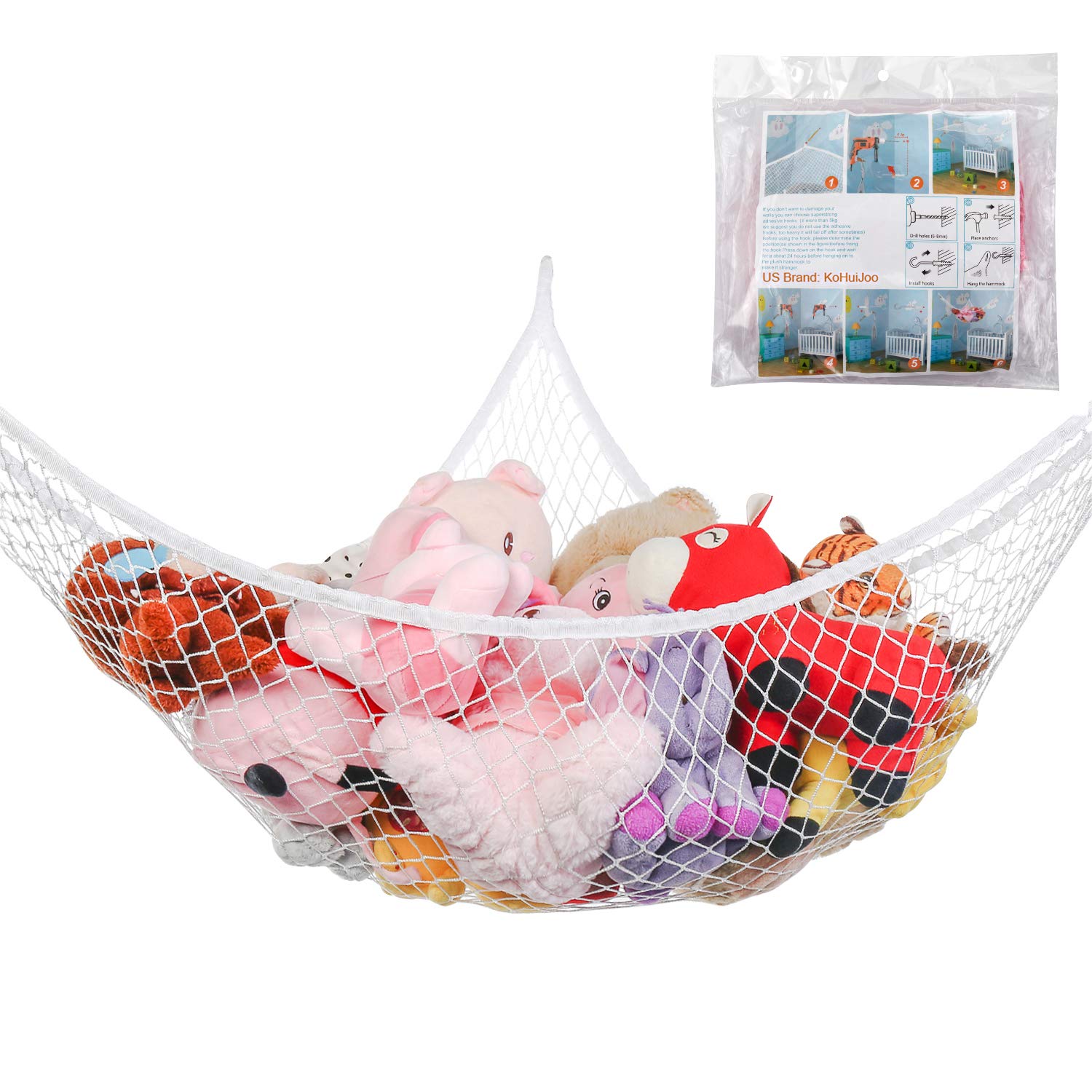 Kohuijoo Jumbo Toy Hammock Stuffed Animals And Toy Storage Hammock Net 70' Wall Sling Corner Extra Large Kids Children Mesh Toy Net Organizer White