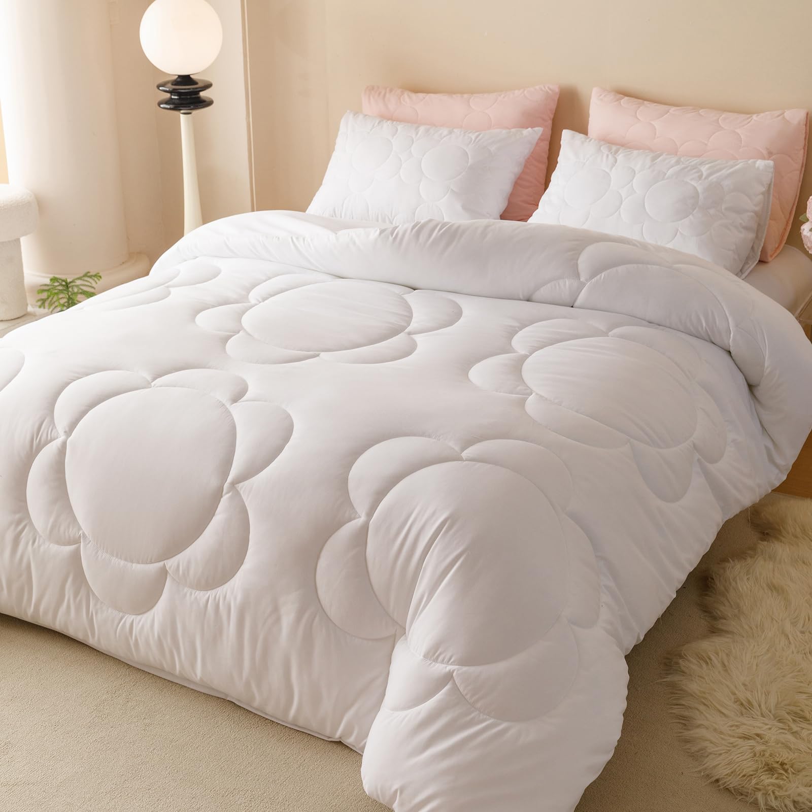Clothknow White Queen Comforter Set 3Pcs Daisy Puff Bedding Comforter Sets White Boho Queen Comforter Soft Floral Queen Size Comforter Sets