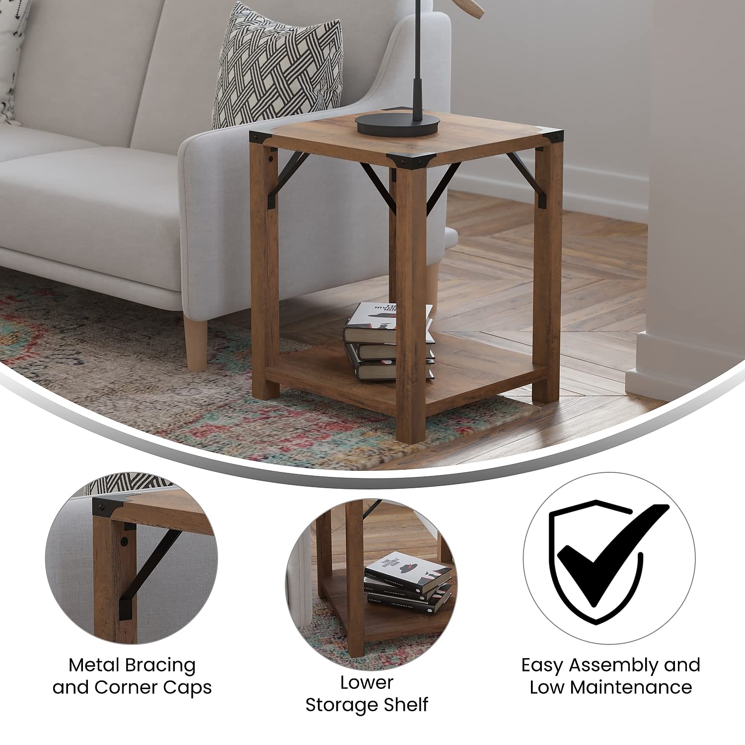 Flash Furniture Wyatt Modern Farmhouse 2 Tier Side Table - Rustic Oak Engineered Wood Frame - Black Metal Crisscross Side Braces and Corner Accents