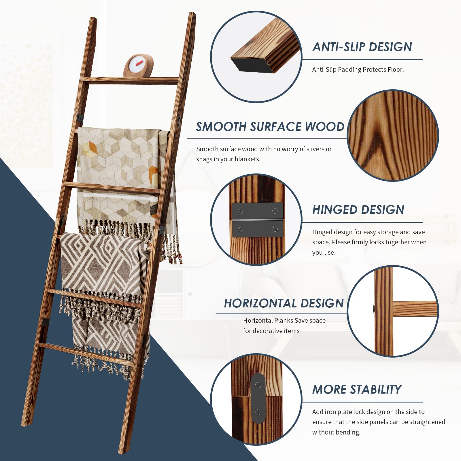 6-Tier Blanket Ladder Wooden, 5.7Ft(66.5'') Blanket Quilt Towel Holder Rack Decorative Ladder, Easy Assembly, Rustic Farmhouse L