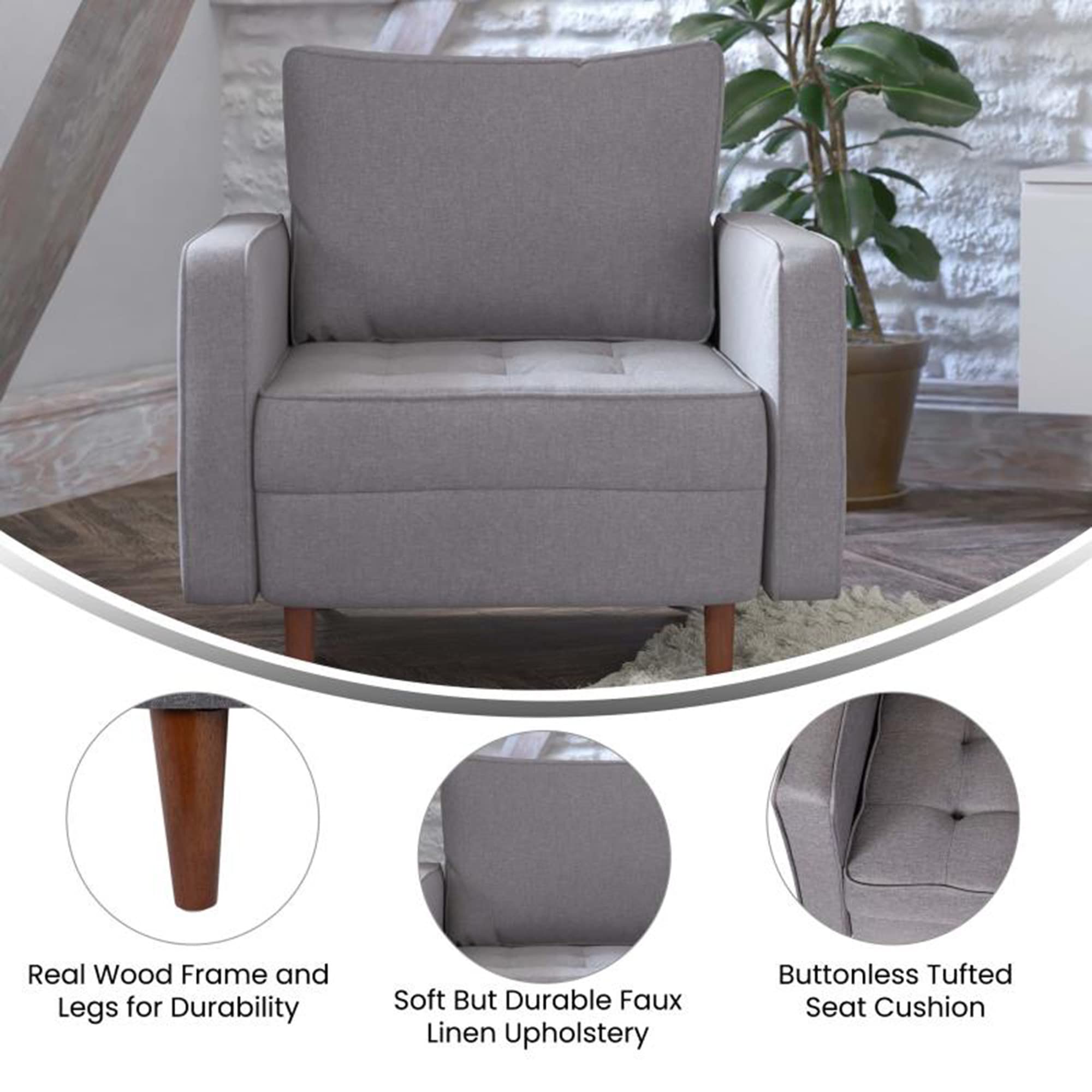 Flash Furniture Hudson Commercial Mid-Century Modern Chair - Slate Gray Faux Linen Upholstery - Buttonless Tufted Seat - Solid Wood Legs
