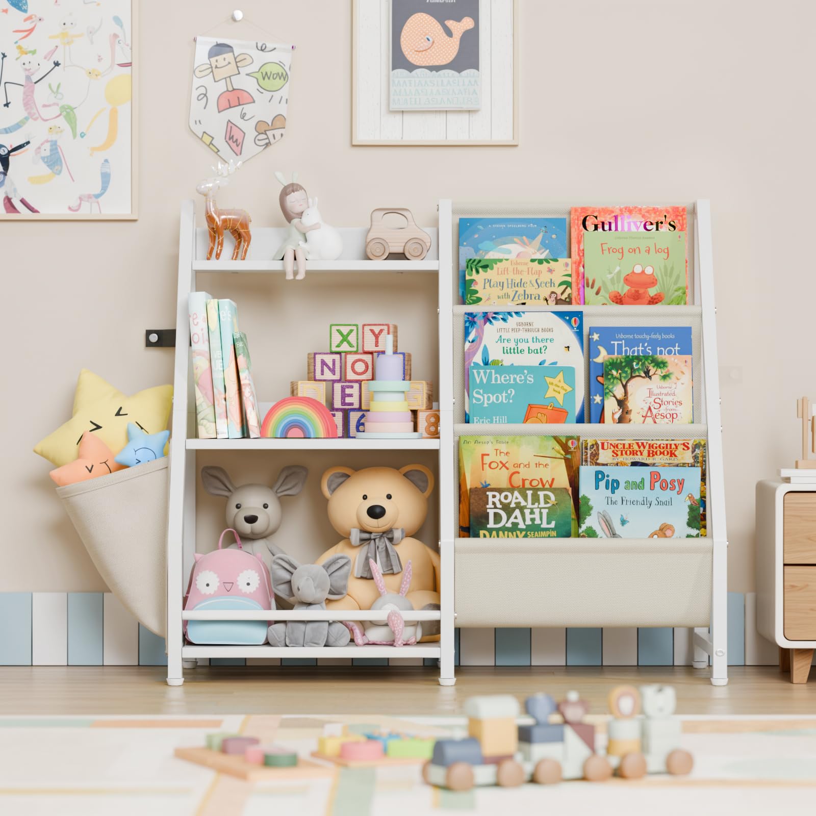 Latibell 3 Tier Kids Bookshelf And Toy Storage, Kids Book Sling Shelf, Montessori Baby Toddler Bookshelf For Kids, Kids Bookcase, Toy Storage Organizer, For Playroom, Bedroom, Nursery (White)