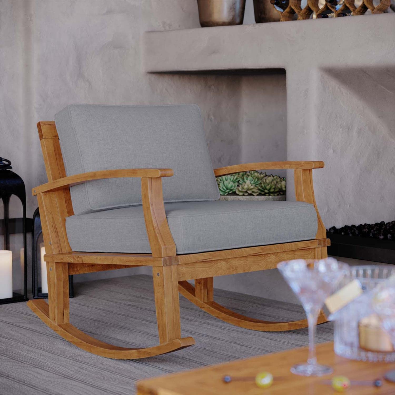 Modway Eei-4177-Nat-Gry Marina Patio Teak Rocking Chair, Natural Gray