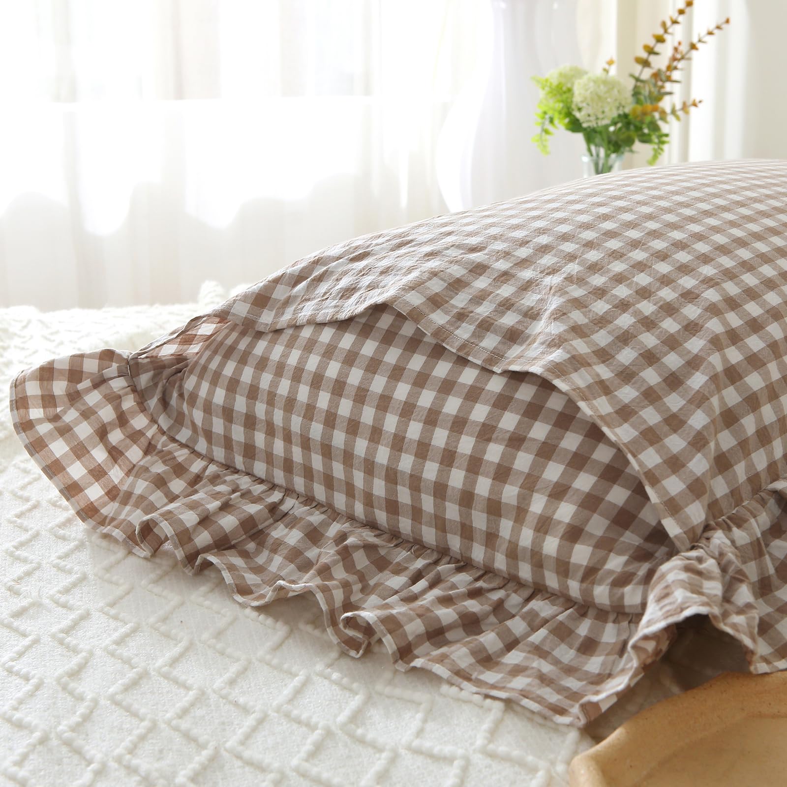 Mywinlle Taupe/White Plaid Ruffle Pillowcases Farmhouse Queen Size Pillow Shams,Shabby Checkered Gingham Pillow Cases Washed Cot