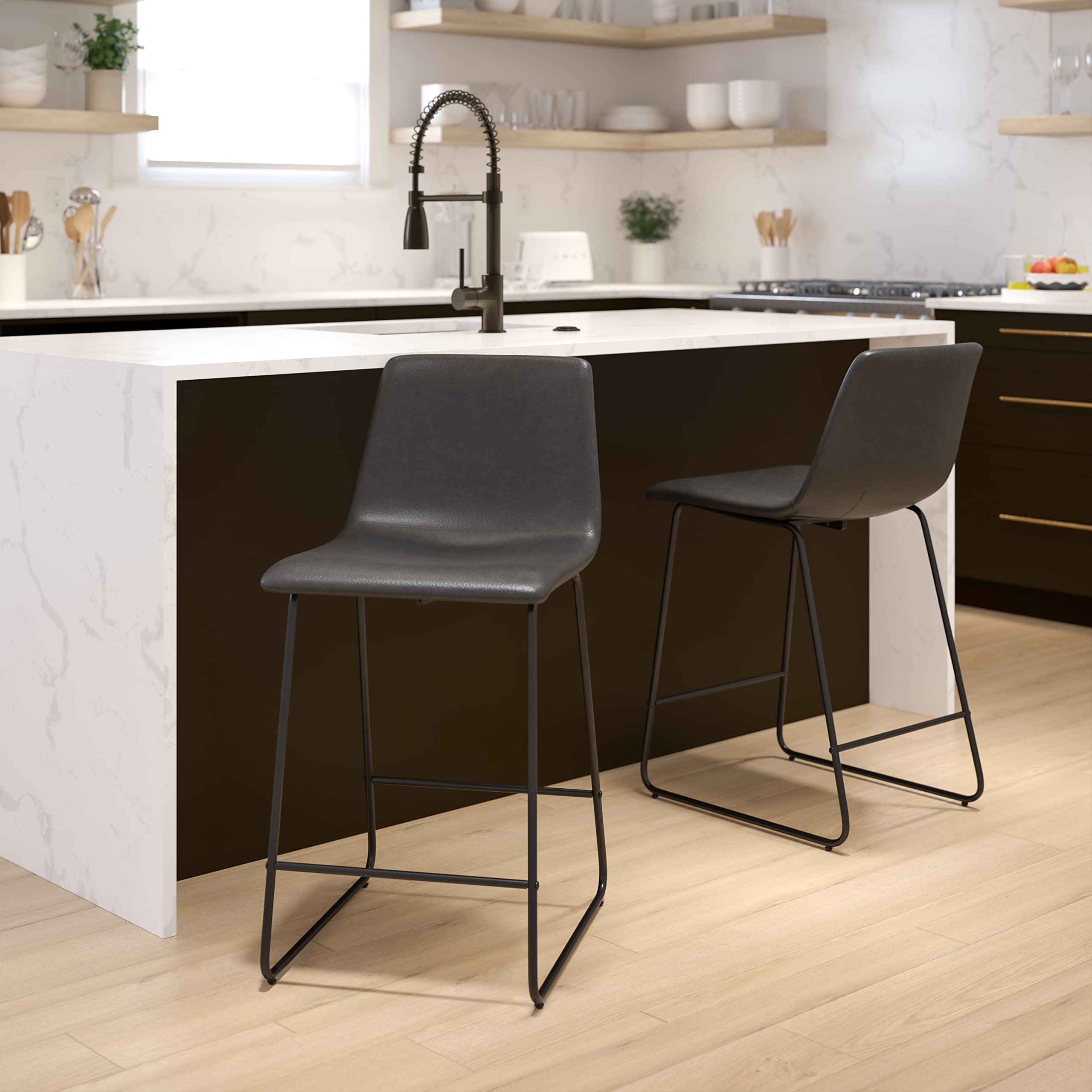 Flash Furniture Modern Chair 24" Commercial Grade LeatherSoft Counter Height Barstools - Gray, Set of 2