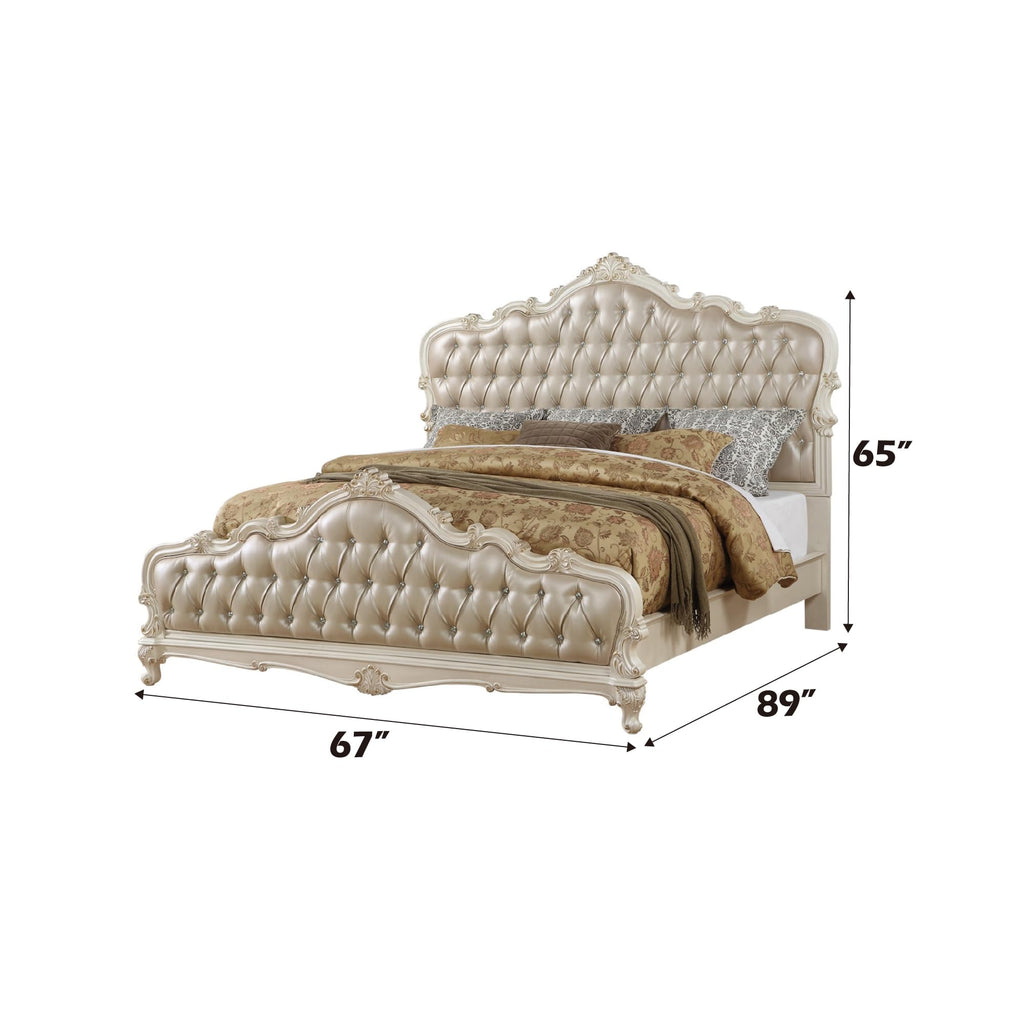 Acme Chantelle Queen Bed in Rose Gold PU & Pearl White