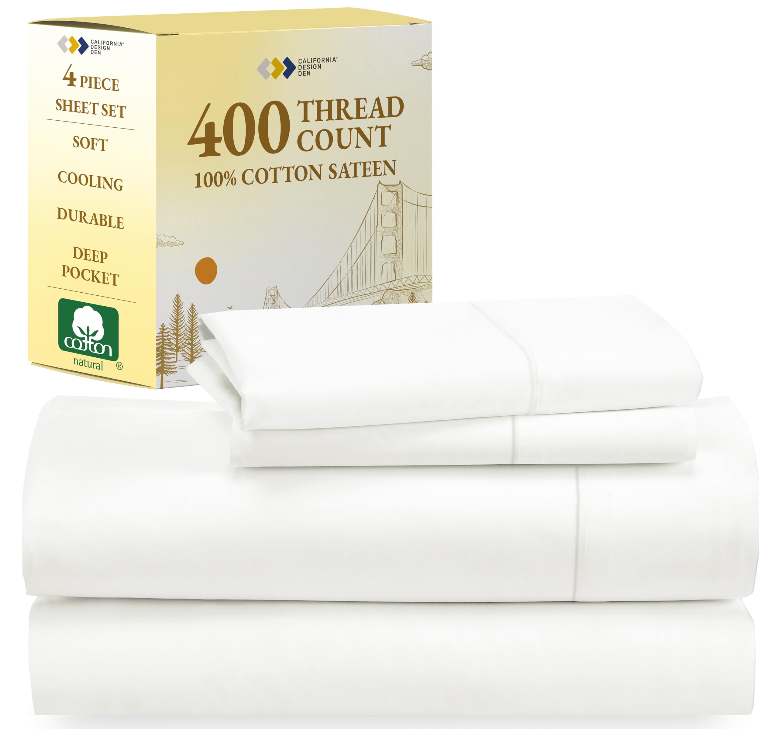 California Design Den 100% Cotton Sheets, Soft 400 Thread Count Sateen Bed Sheet Set, Cooling Sheets For Queen Size Bed With Dee