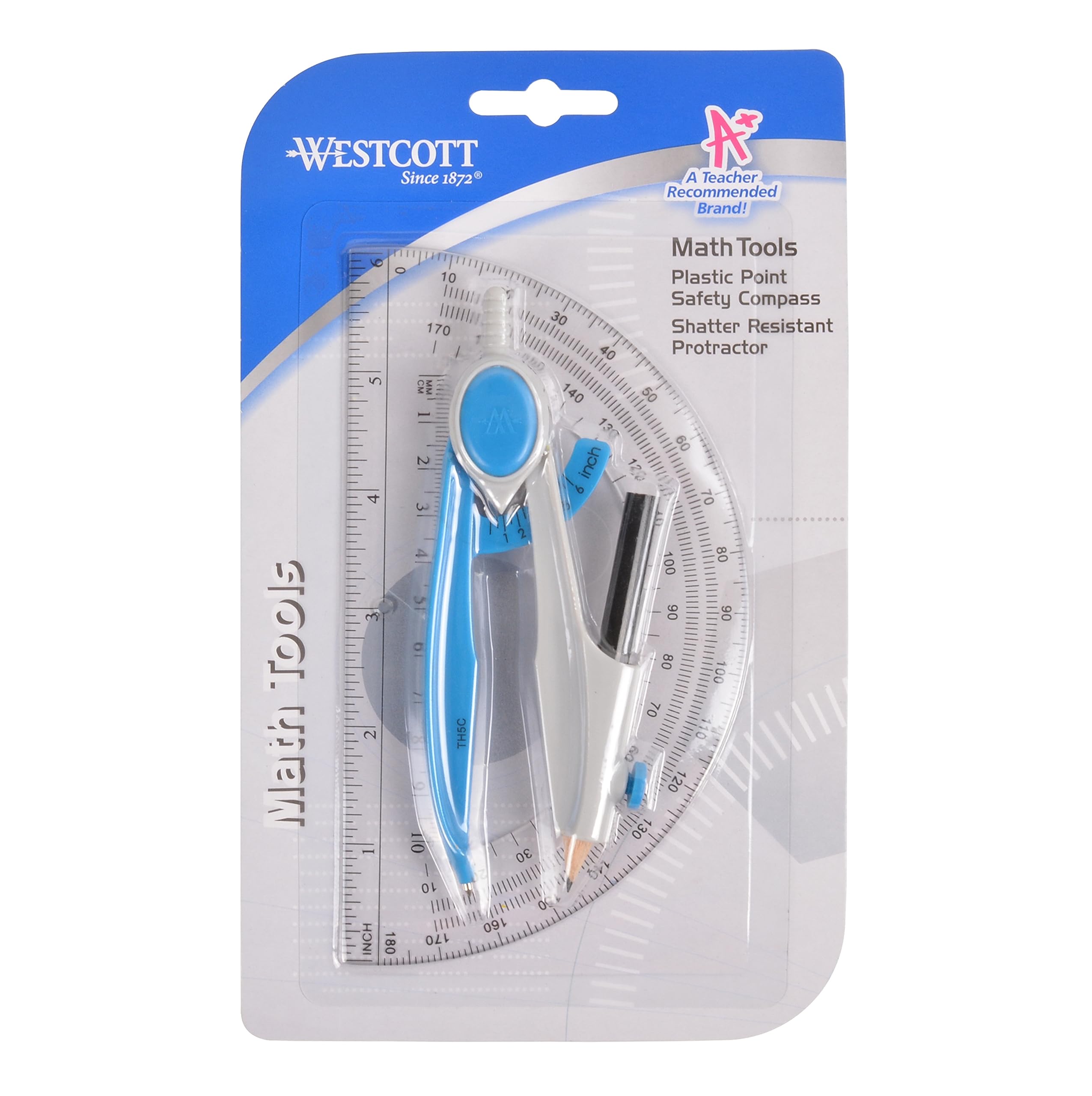 Westcott 14558 2-Piece Compass And Protractor Set With New Plastic Pencil For Math, Geometry