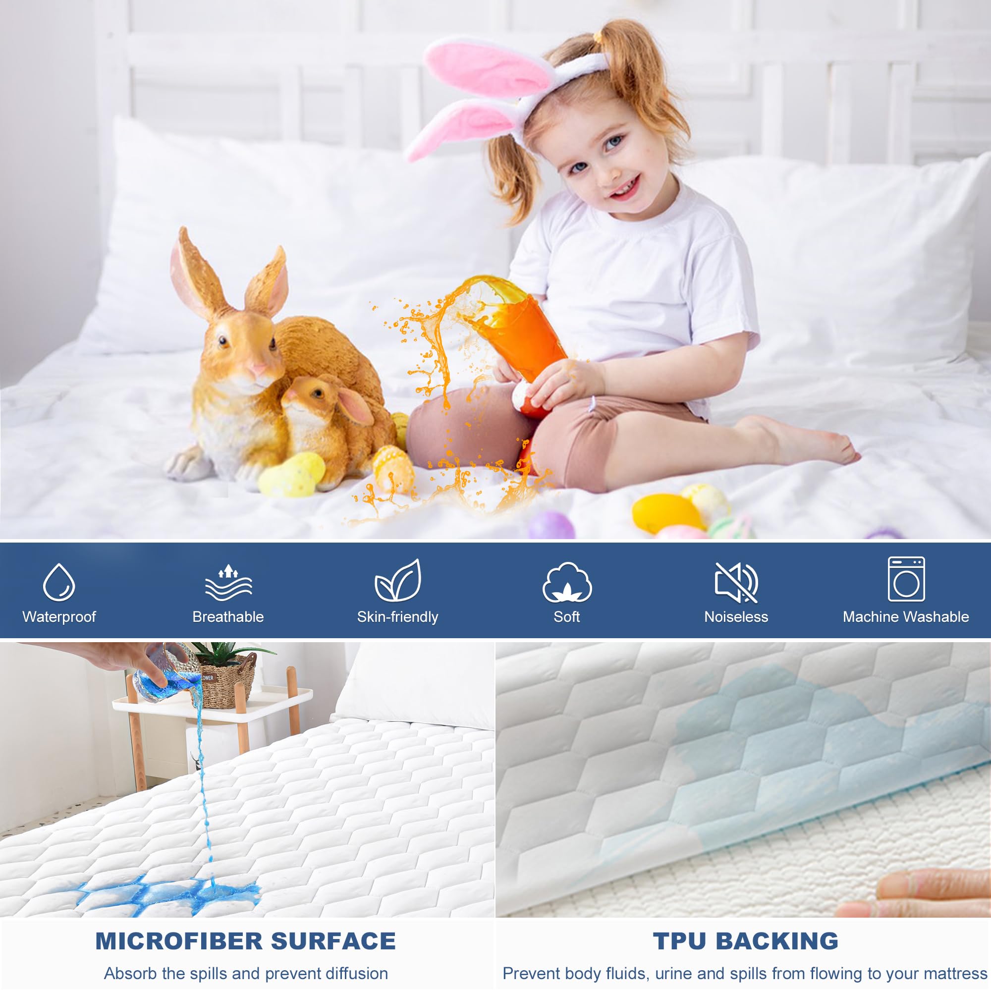 GRT Twin Size Quilted Waterproof Mattress Pad, Breathable Cotton Protector, Fits Up to 18" Deep, Dust Proof