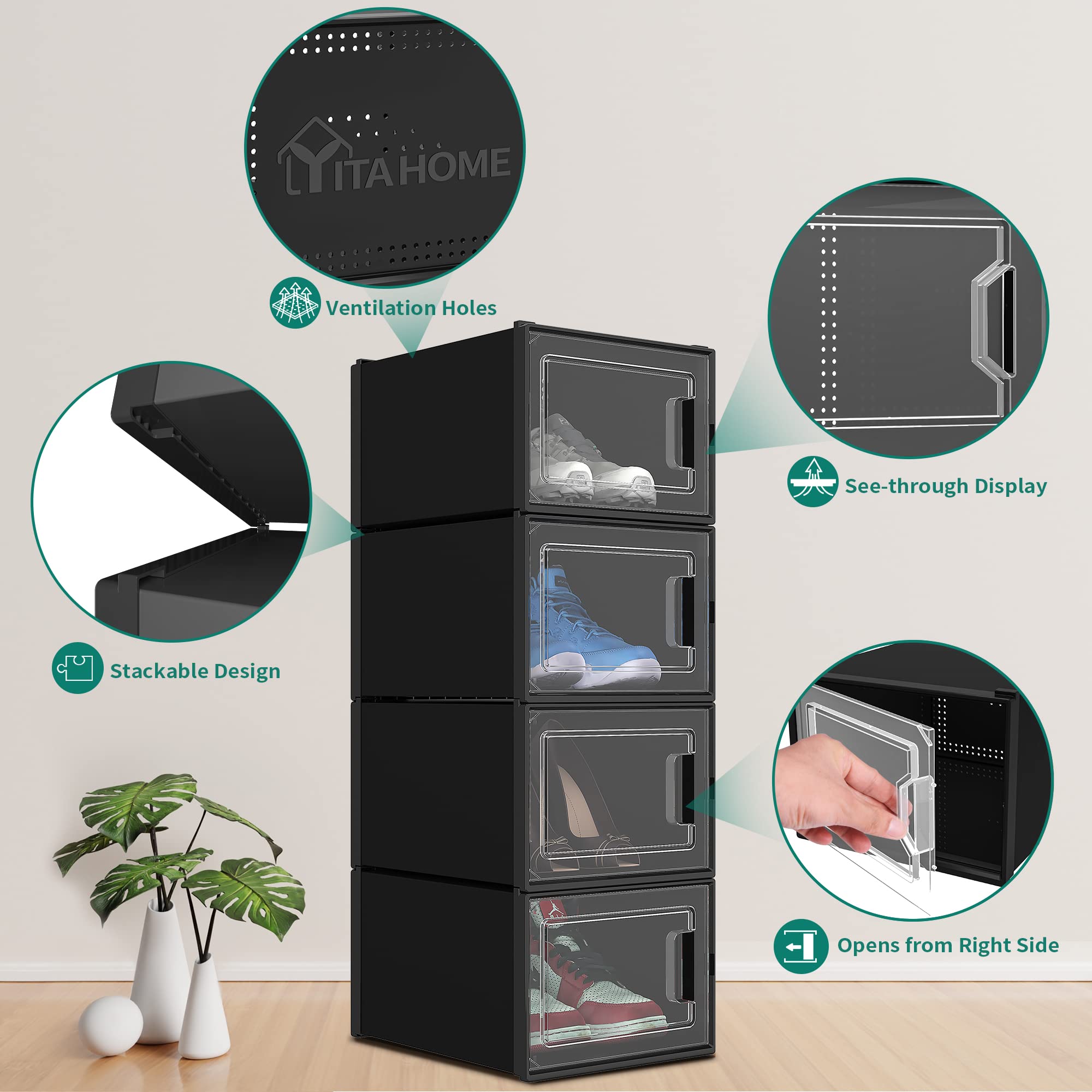 YITAHOME XL Shoe Storage Box Set of 12 - Stackable Organizers, Black, Polypropylene & ABS
