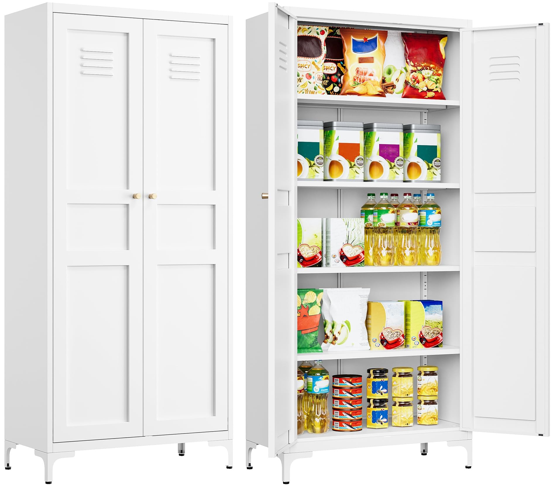 Metal Storage Cabinet with Doors and Shelves,White Storage Cabinet,Food Pantry Storage Cabinet,5 Tier Metal Pantry Cabinet,Tall 