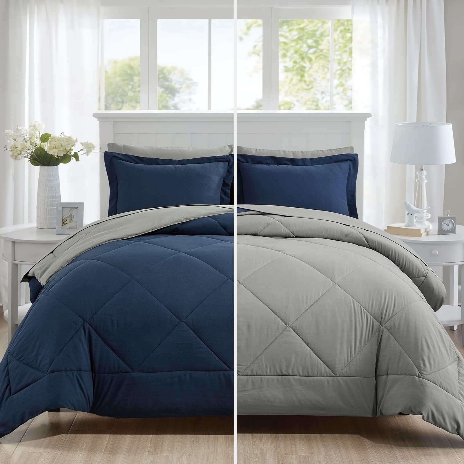 Queen Comforter Set 7 Pieces Bed In A Bag, Full/Queen Reversible Bed Set With Comforter, Flat Sheet, Fitted Sheet, Pillowcases &