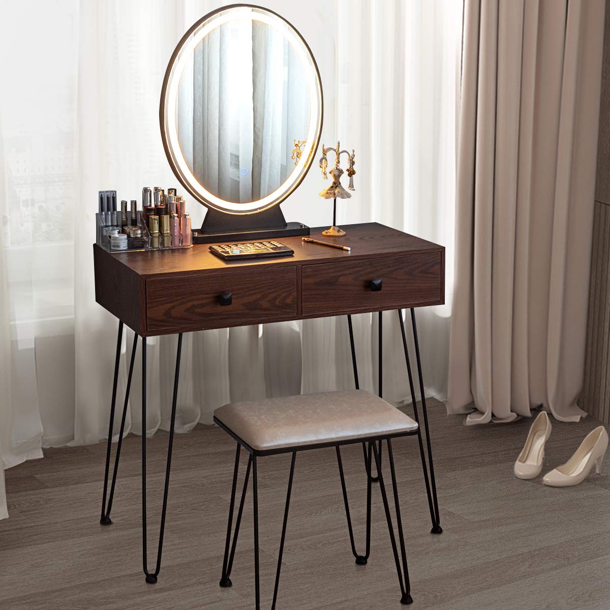 Charmaid Makeup Vanity Table With Lighted Mirror, 3 Lighting Sets, Adjustable Brightness, 2 Large Drawers, Acrylic Storage Boxes, Girls Bedroom Dressing Table Vanity Set With Stool (Walnut)