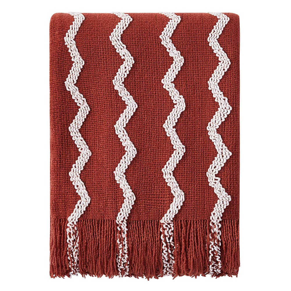Bourina Fluffy Chenille Knitted Fringe Throw Blanket Lightweight Soft Cozy For Bed Sofa Chair Throw Blankets, Rust 50' X 60'