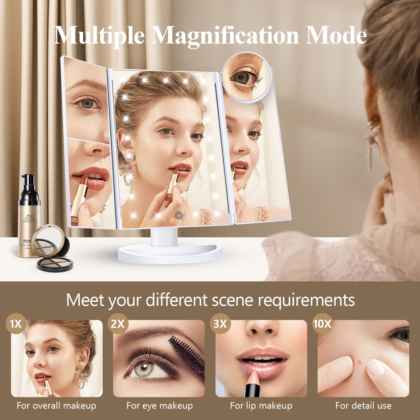 Huonul Makeup Mirror Vanity Mirror With Lights, 2X, 3X, 10X Magnification, Touch Control, Trifold, White, 9.4'L X 13.4'W, Modern Style, Dresser Mount, Bathroom