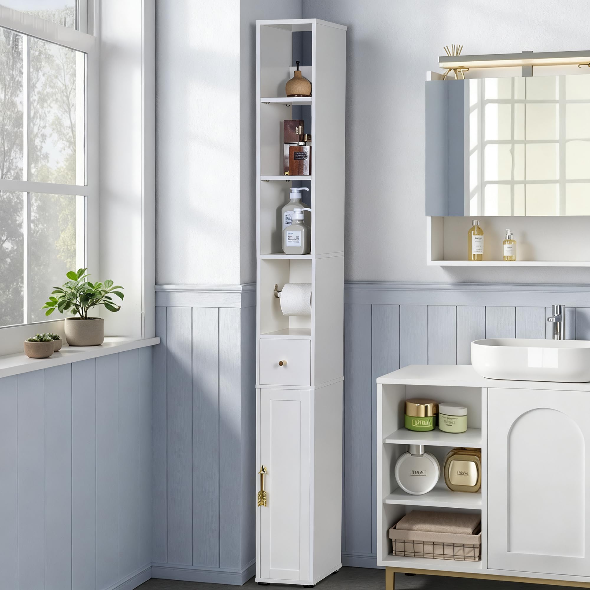 VECELO Narrow Bathroom Storage Cabinet, 67 Tall Cabinet Organizer with Toilet Paper Holder, Anti-Tip Device, 3 Adjustable Shelve
